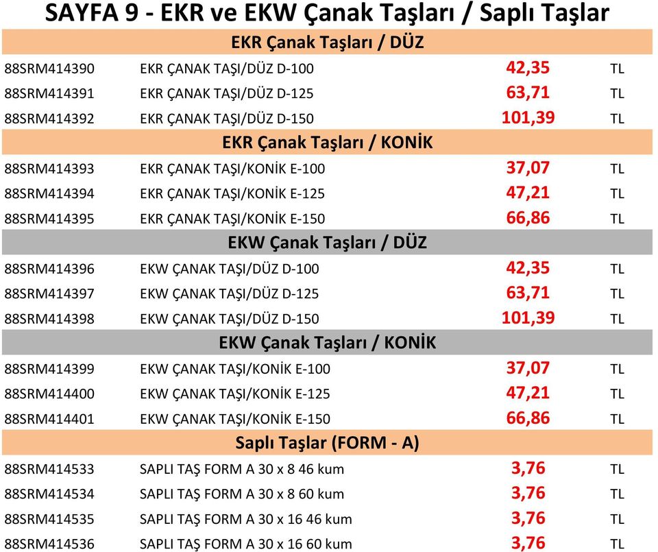 Taşları / DÜZ 88SRM414396 EKW ÇANAK TAŞI/DÜZ D-100 42,35 TL 88SRM414397 EKW ÇANAK TAŞI/DÜZ D-125 63,71 TL 88SRM414398 EKW ÇANAK TAŞI/DÜZ D-150 101,39 TL EKW Çanak Taşları / KONİK 88SRM414399 EKW