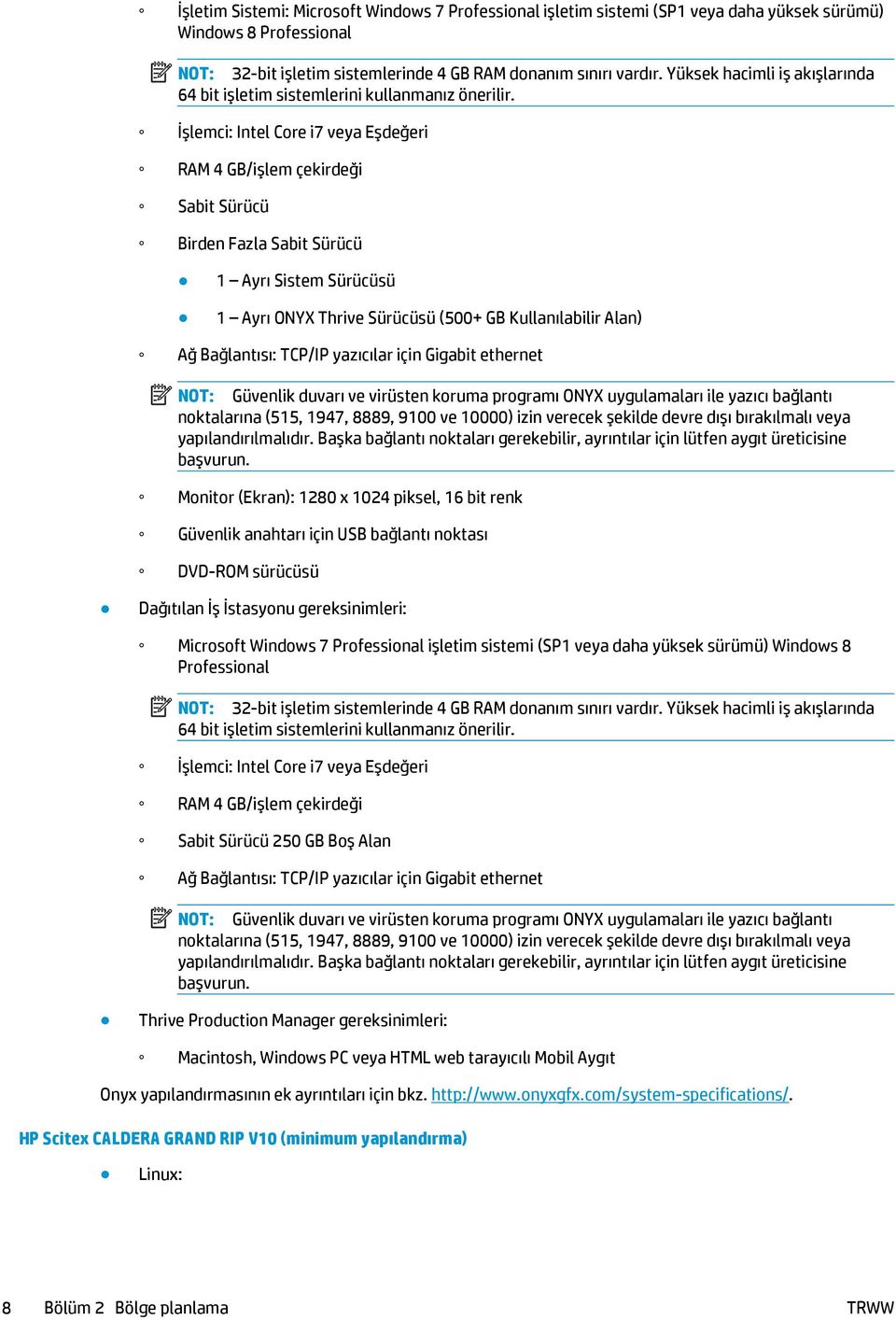 İşlemci: Intel Core i7 veya Eşdeğeri RAM 4 GB/işlem çekirdeği Sabit Sürücü Birden Fazla Sabit Sürücü 1 Ayrı Sistem Sürücüsü 1 Ayrı ONYX Thrive Sürücüsü (500+ GB Kullanılabilir Alan) Ağ Bağlantısı: