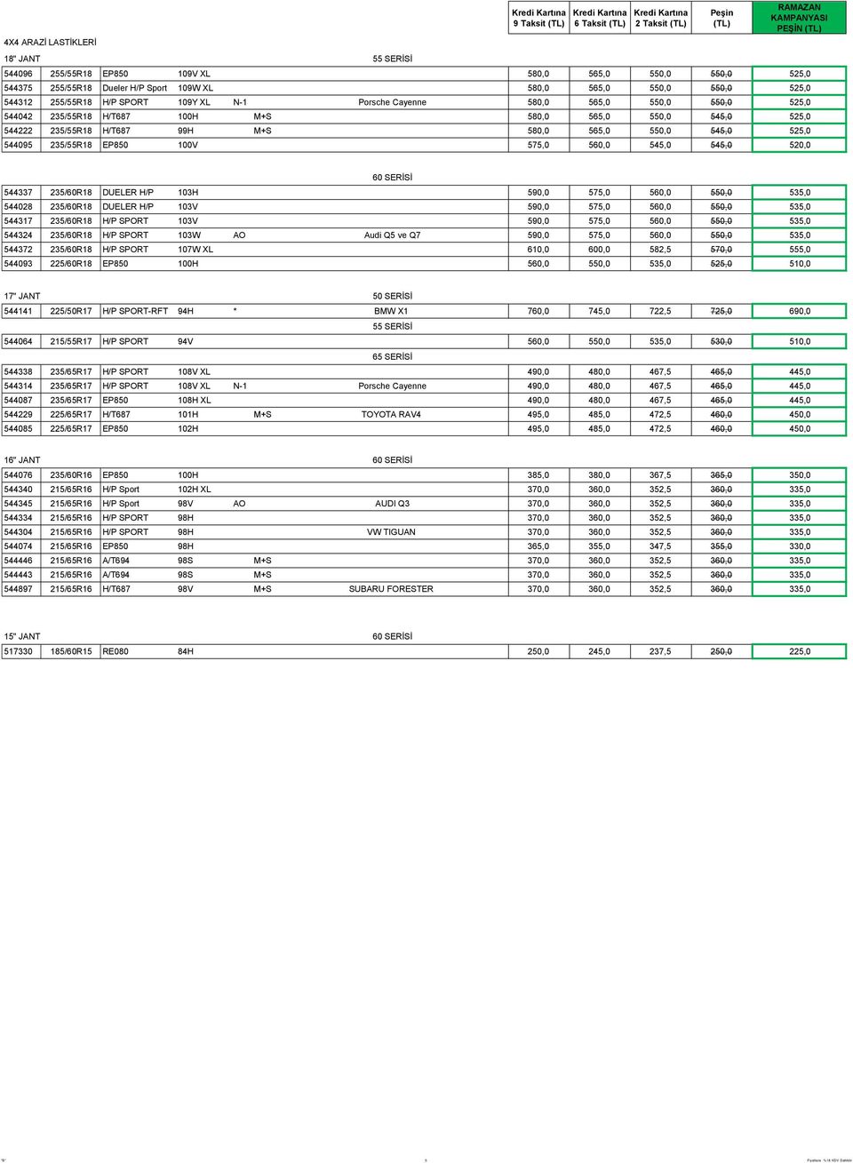 550,0 545,0 525,0 544095 235/55R18 EP850 100V 575,0 560,0 545,0 545,0 520,0 60 SERİSİ 544337 235/60R18 DUELER H/P 103H 590,0 575,0 560,0 550,0 535,0 544028 235/60R18 DUELER H/P 103V 590,0 575,0 560,0