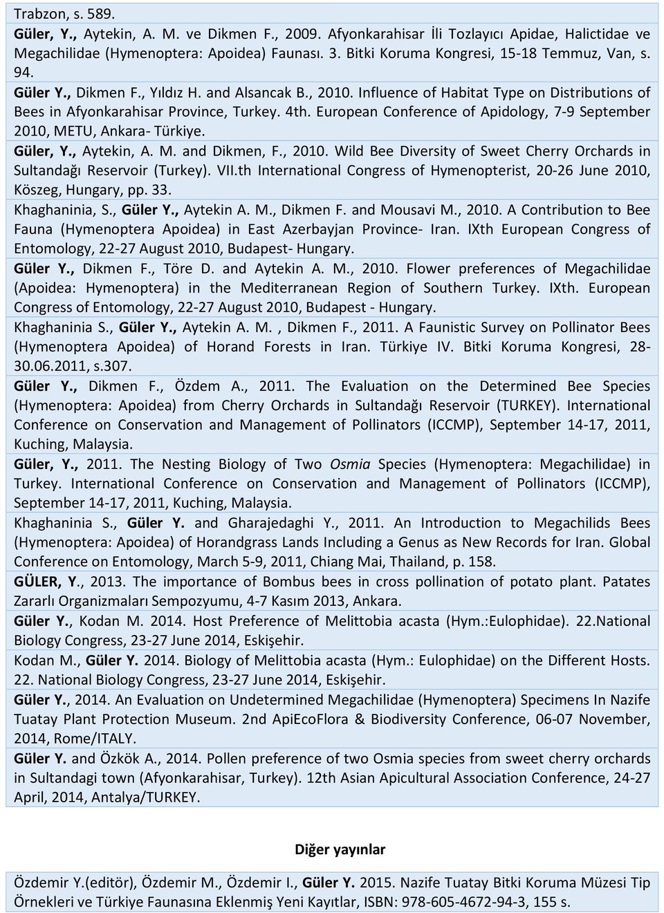 European Conference of Apidology, 7-9 September 2010, METU, Ankara-. Güler, Y., Aytekin, A. M. and Dikmen, F., 2010. Wild Bee Diversity of Sweet Cherry Orchards in Sultandağı Reservoir (Turkey). VII.