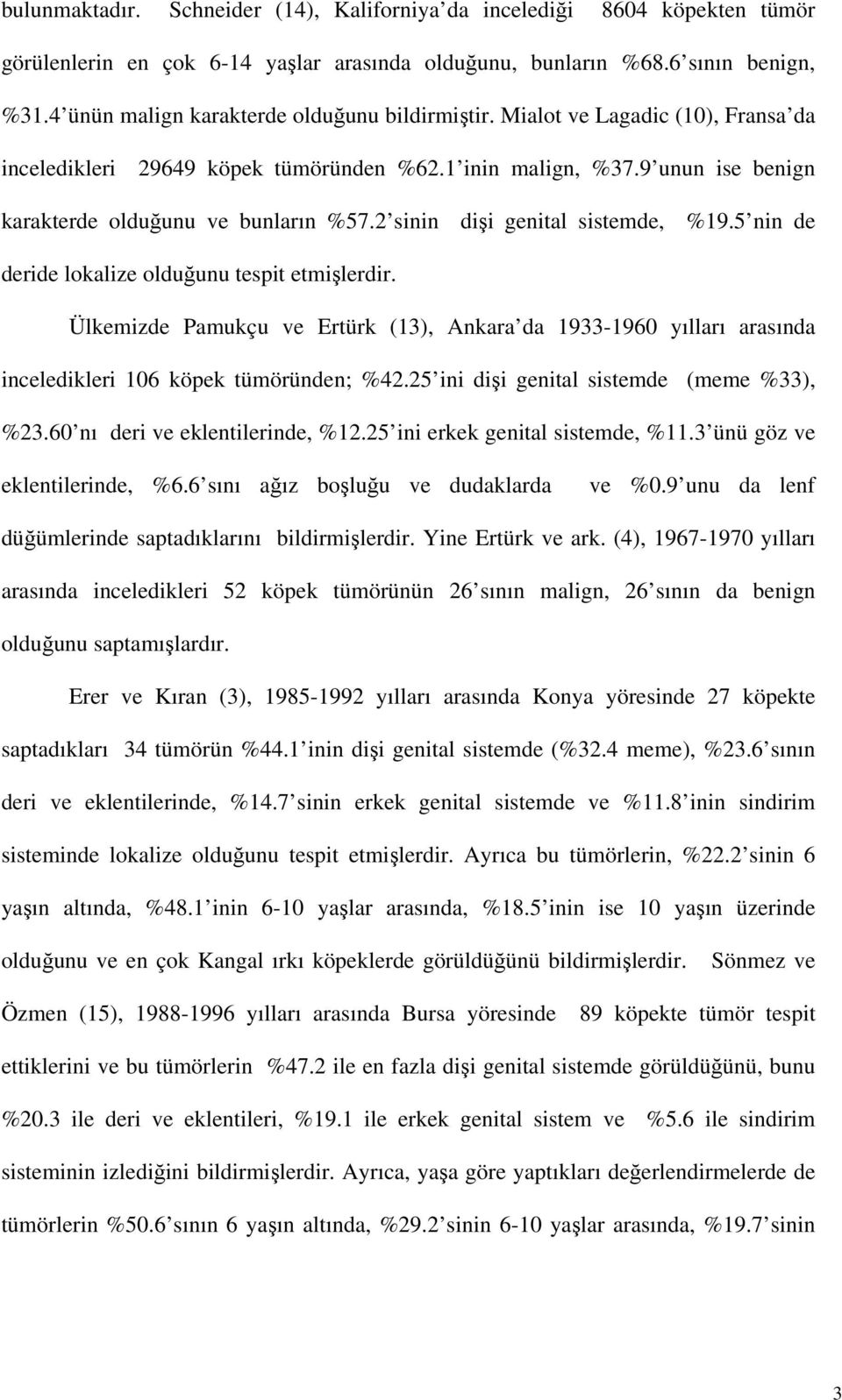 2 sinin dişi genital sistemde, %19.5 nin de deride lokalize olduğunu tespit etmişlerdir. Ülkemizde Pamukçu ve Ertürk (13), Ankara da 1933-1960 yılları arasında inceledikleri 106 köpek tümöründen; %42.