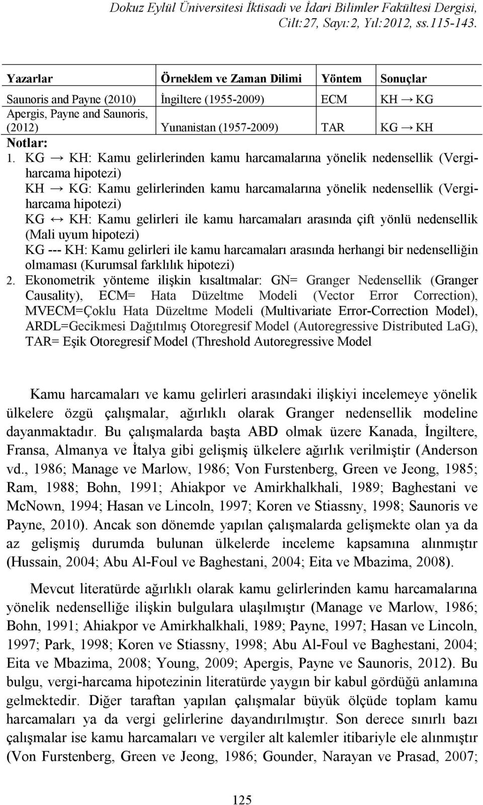 KG KH: Kamu gelirlerinden kamu harcamalarına yönelik nedensellik (Vergiharcama hipotezi) KH KG: Kamu gelirlerinden kamu harcamalarına yönelik nedensellik (Vergiharcama hipotezi) KG KH: Kamu gelirleri