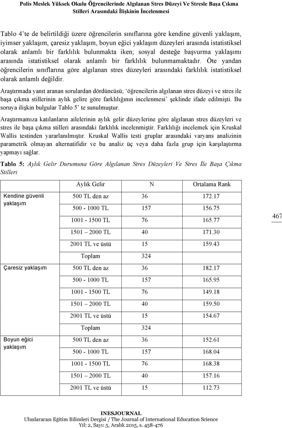 bulunmamaktadır. Öte yandan öğrencilerin sınıflarına göre algılanan stres düzeyleri arasındaki farklılık istatistiksel olarak anlamlı değildir.