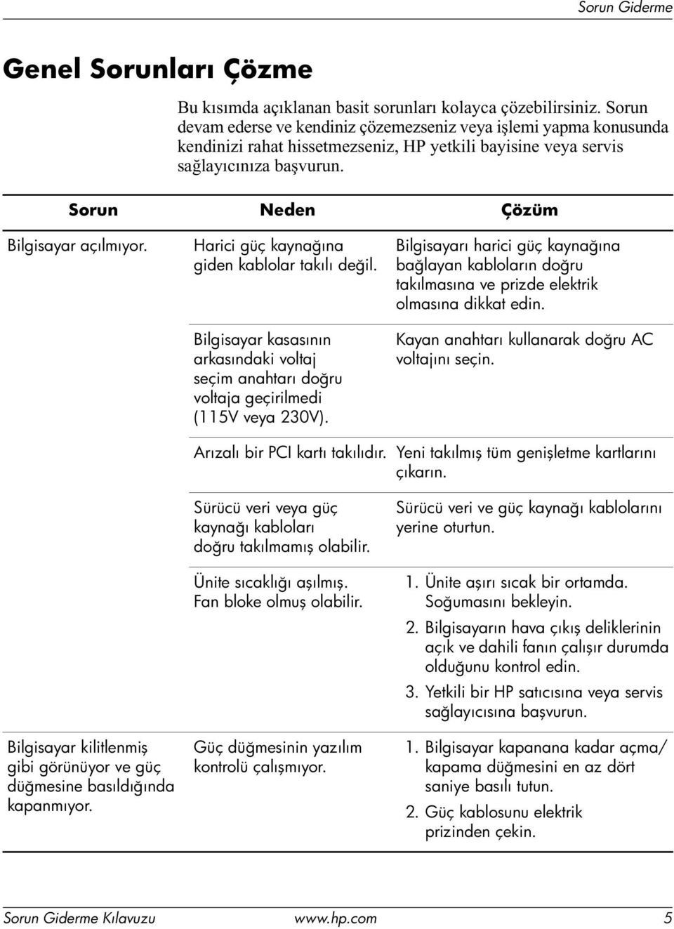 Harici güç kaynağına giden kablolar takılı değil. Bilgisayar kasasının arkasındaki voltaj seçim anahtarı doğru voltaja geçirilmedi (115V veya 230V).