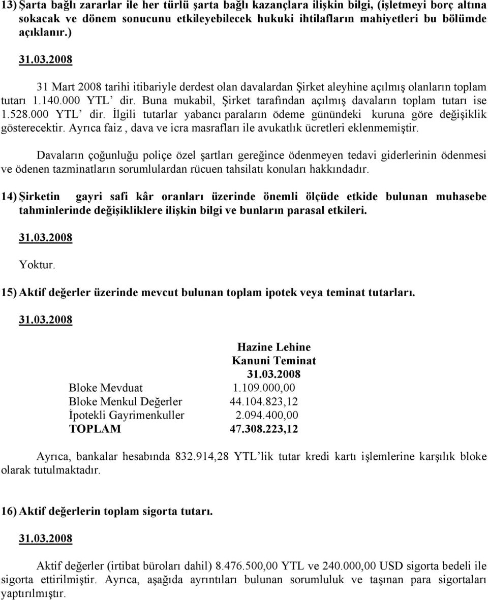 000 YTL dir. İlgili tutarlar yabancı paraların ödeme günündeki kuruna göre değişiklik gösterecektir. Ayrıca faiz, dava ve icra masrafları ile avukatlık ücretleri eklenmemiştir.