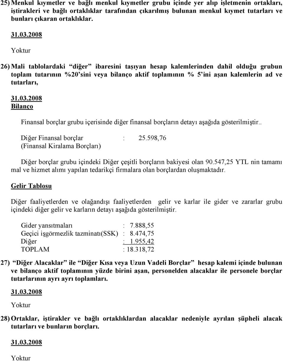 26) Mali tablolardaki diğer ibaresini taşıyan hesap kalemlerinden dahil olduğu grubun toplam tutarının %20 sini veya bilanço aktif toplamının % 5 ini aşan kalemlerin ad ve tutarları, Bilanço Finansal