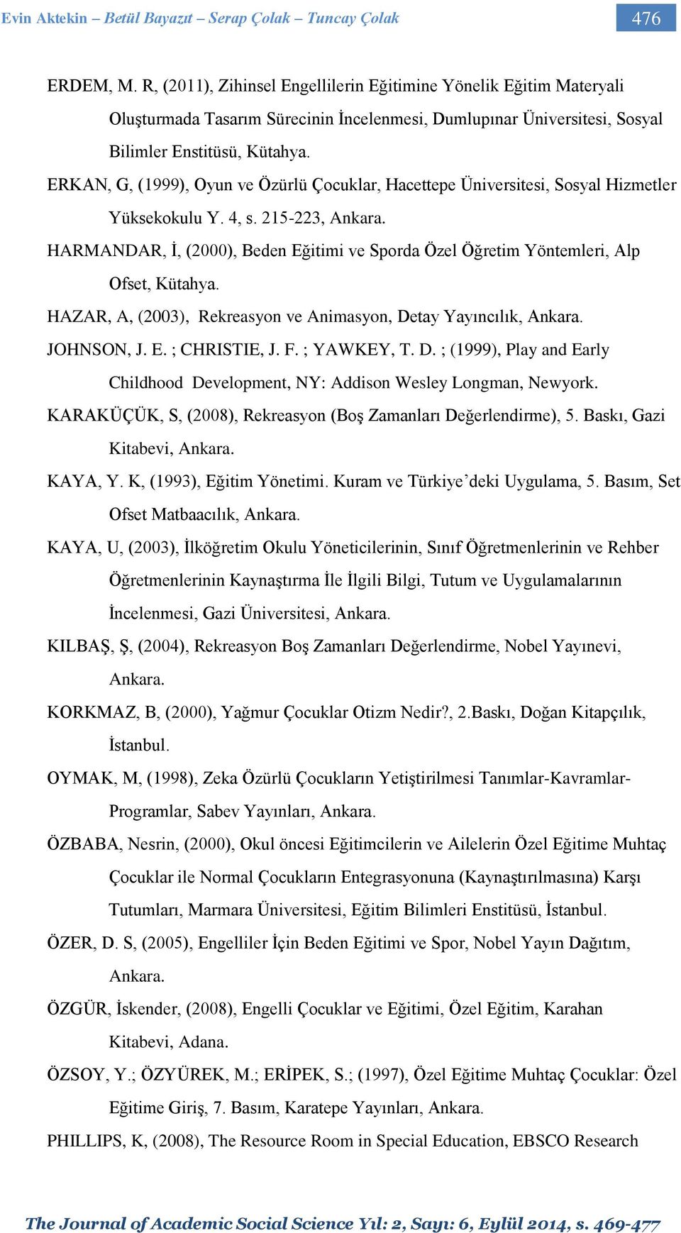 ERKAN, G, (1999), Oyun ve Özürlü Çocuklar, Hacettepe Üniversitesi, Sosyal Hizmetler Yüksekokulu Y. 4, s. 215-223, Ankara.