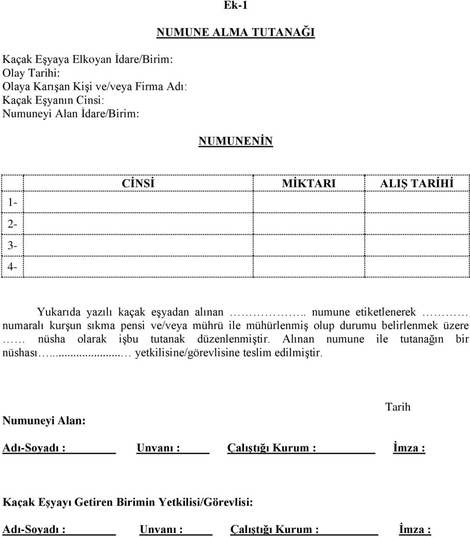 . numune etiketlenerek numaralı kurşun sıkma pensi ve/veya mührü ile mühürlenmiş olup durumu belirlenmek üzere nüsha olarak işbu tutanak düzenlenmiştir.