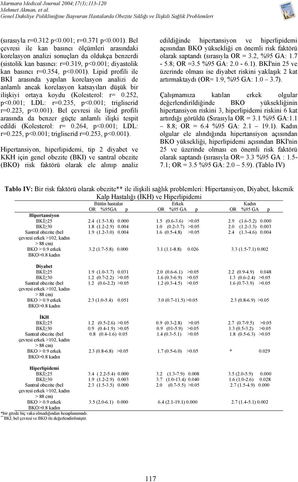 252, p<0.001; LDL: r=0.235, p<0.001; trigliserid r=0.223, p<0.001). Bel çevresi ile lipid profili arasında da benzer güçte anlamlı ilişki tespit edildi (Kolesterol: r= 0.264, p<0.001; LDL: r=0.225, p<0.