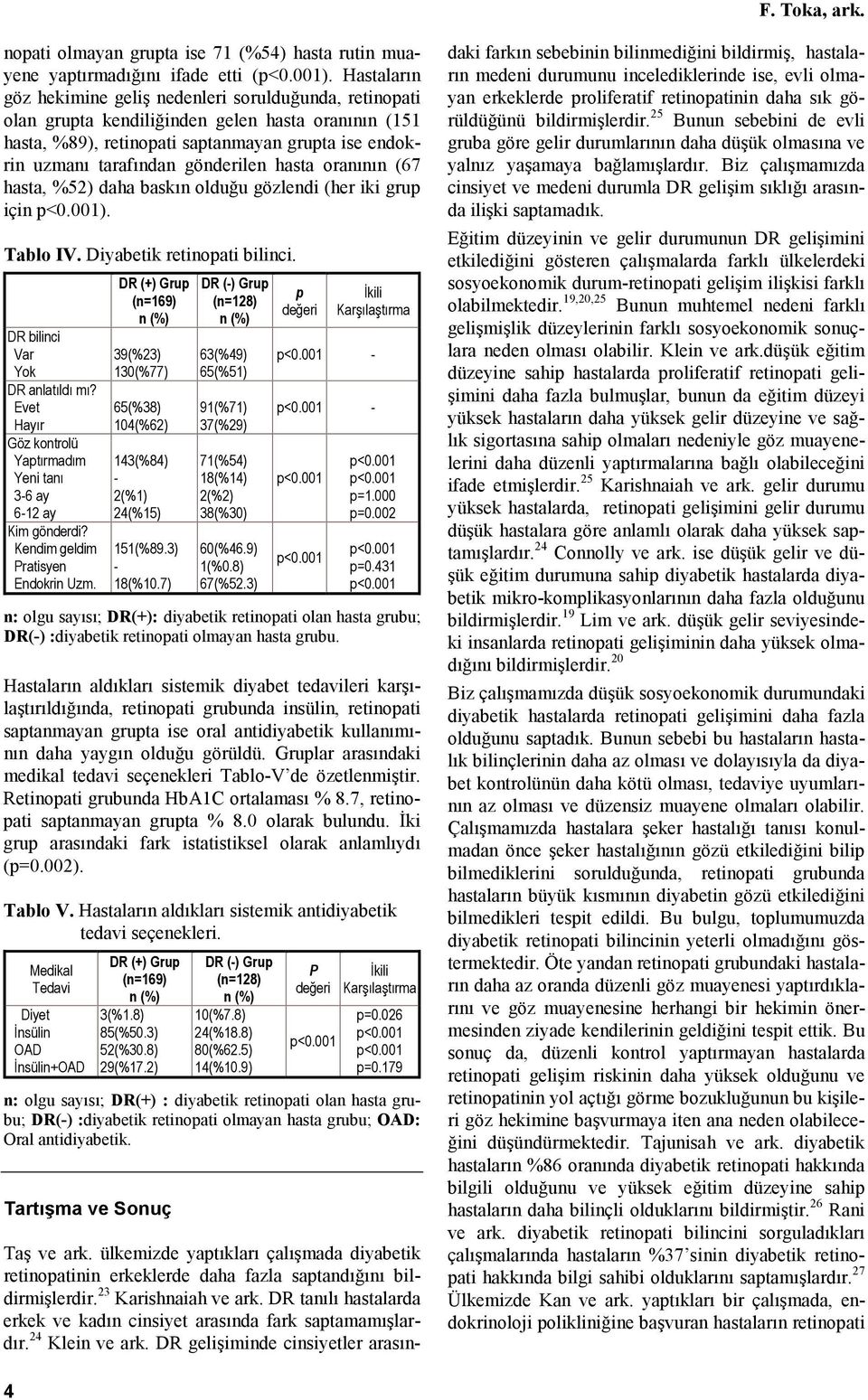 gönderilen hasta oranının (67 hasta, %52) daha baskın olduğu gözlendi (her iki grup için ). Tablo IV. Diyabetik retinopati bilinci. DR bilinci Var Yok DR anlatıldı mı?