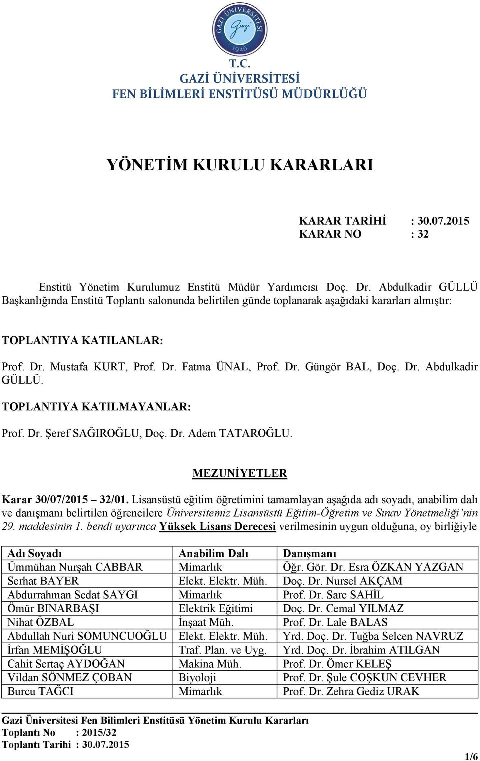 Dr. Abdulkadir GÜLLÜ. TOPLANTIYA KATILMAYANLAR: Prof. Dr. Şeref SAĞIROĞLU, Doç. Dr. Adem TATAROĞLU. MEZUNİYETLER Karar 30/07/2015 32/01.