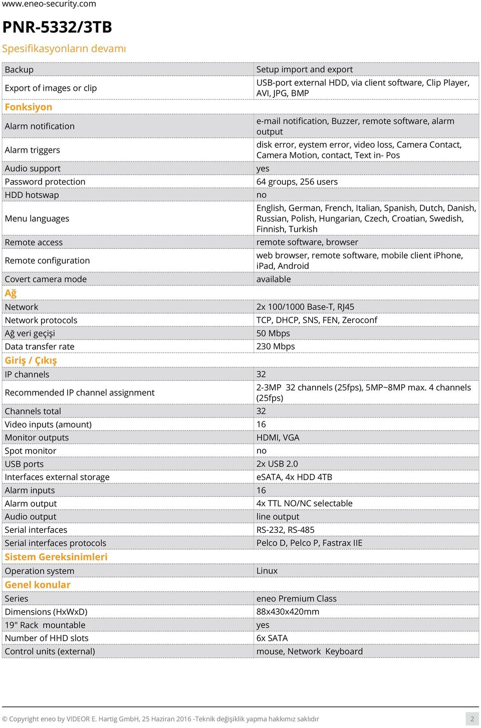 outputs Spot monitor Setup import and export USB-port external HDD, via client software, Clip Player, AVI, JPG, BMP e-mail tification, Buzzer, remote software, alarm output disk error, eystem error,