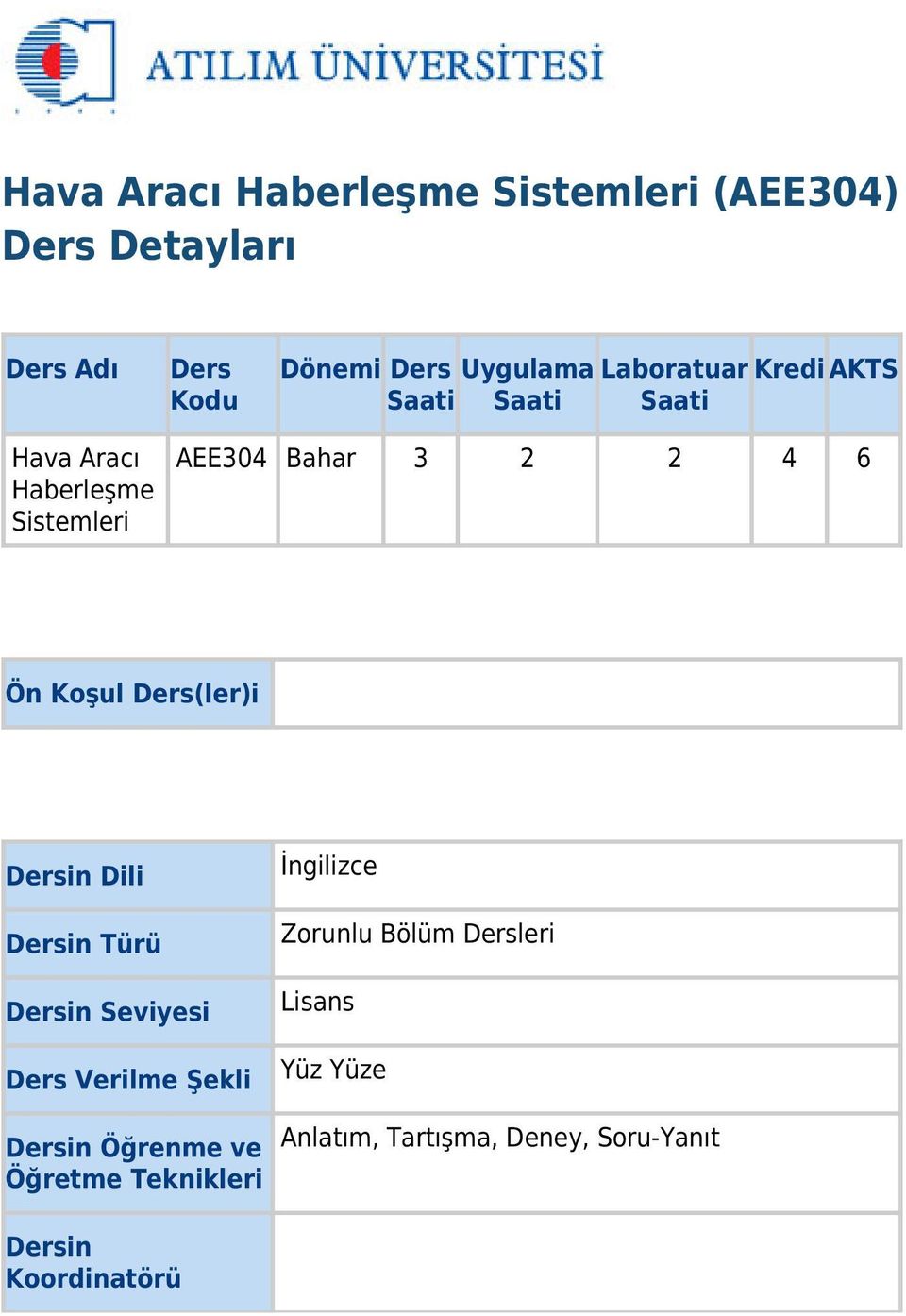 Ders(ler)i Dersin Dili Dersin Türü Dersin Seviyesi Ders Verilme Şekli Dersin Öğrenme ve Öğretme