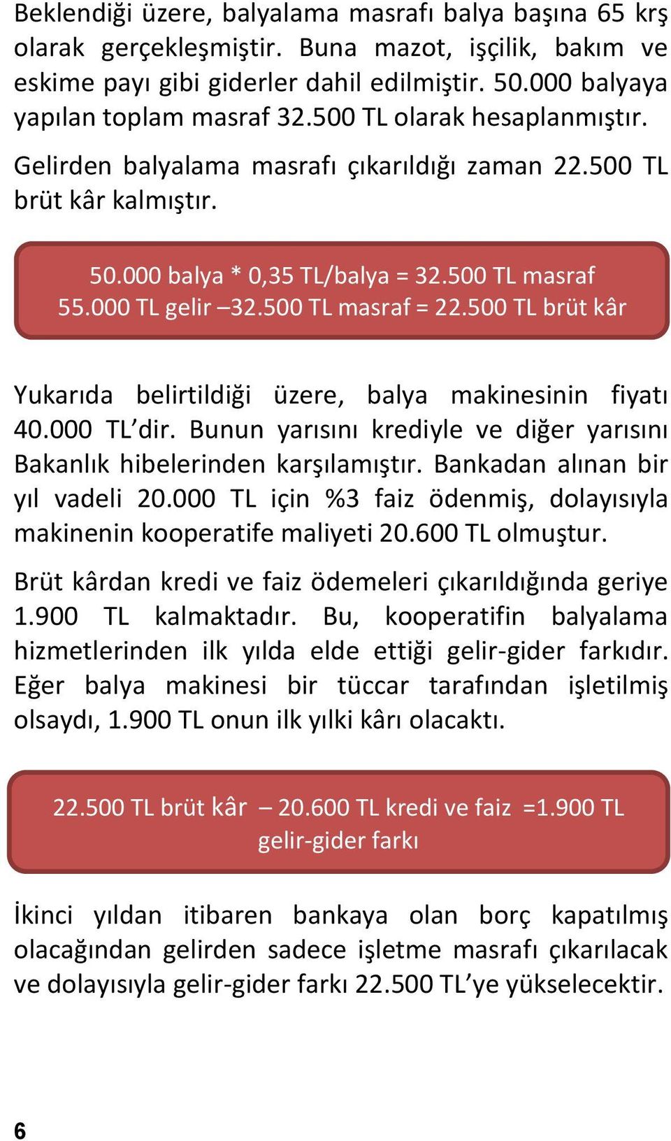 500 TL brüt kâr Yukarıda belirtildiği üzere, balya makinesinin fiyatı 40.000 TL dir. Bunun yarısını krediyle ve diğer yarısını Bakanlık hibelerinden karşılamıştır. Bankadan alınan bir yıl vadeli 20.