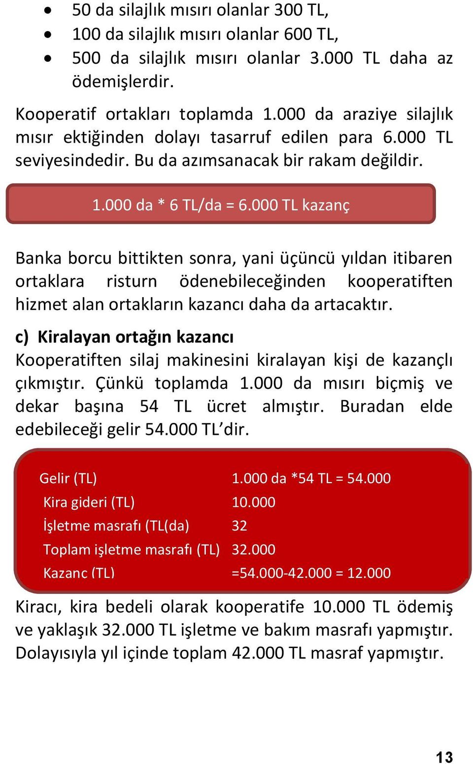 000 TL kazanç Banka borcu bittikten sonra, yani üçüncü yıldan itibaren ortaklara risturn ödenebileceğinden kooperatiften hizmet alan ortakların kazancı daha da artacaktır.