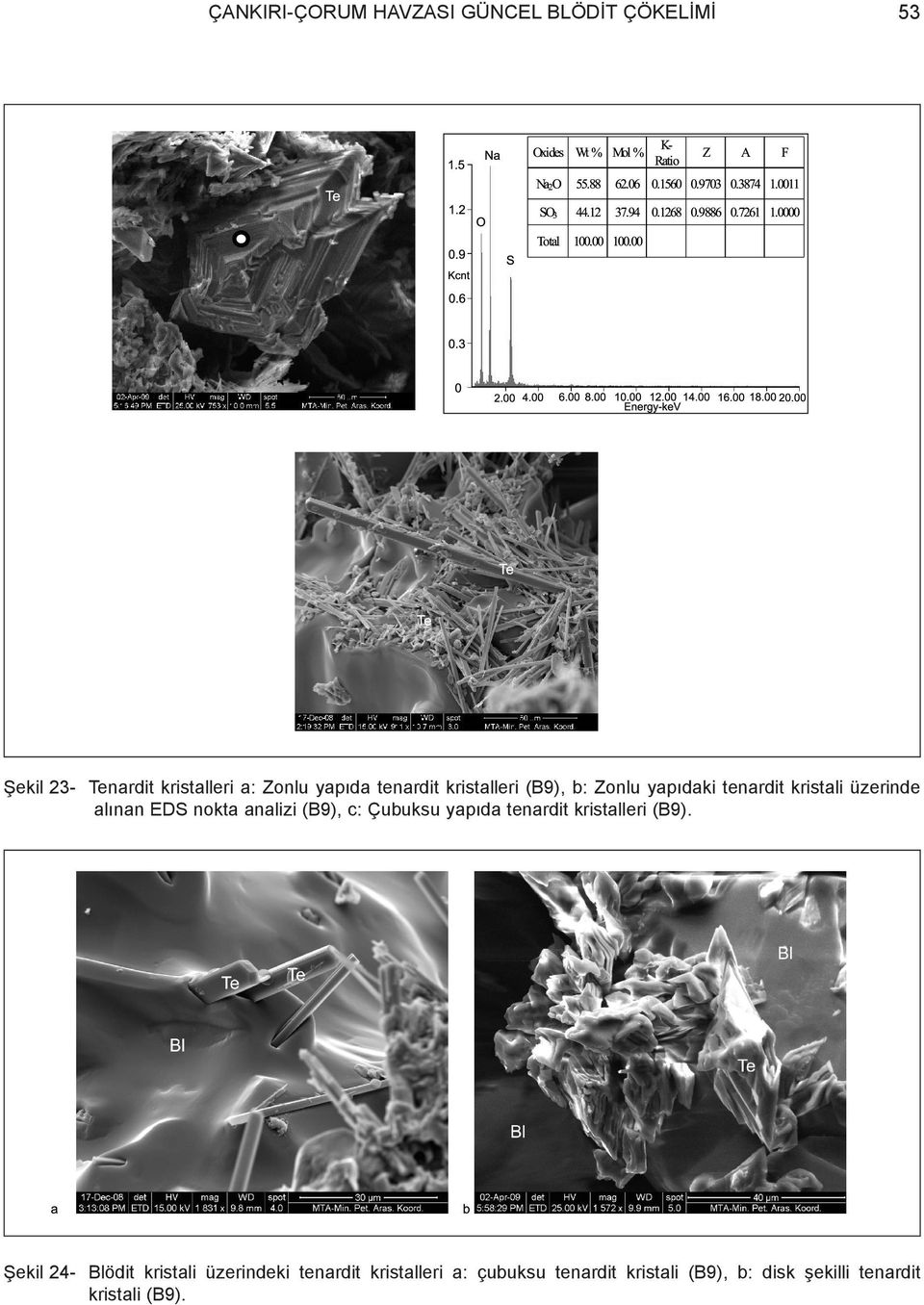 nokta analizi (B9), c: Çubuksu yapýda tenardit kristalleri (B9).