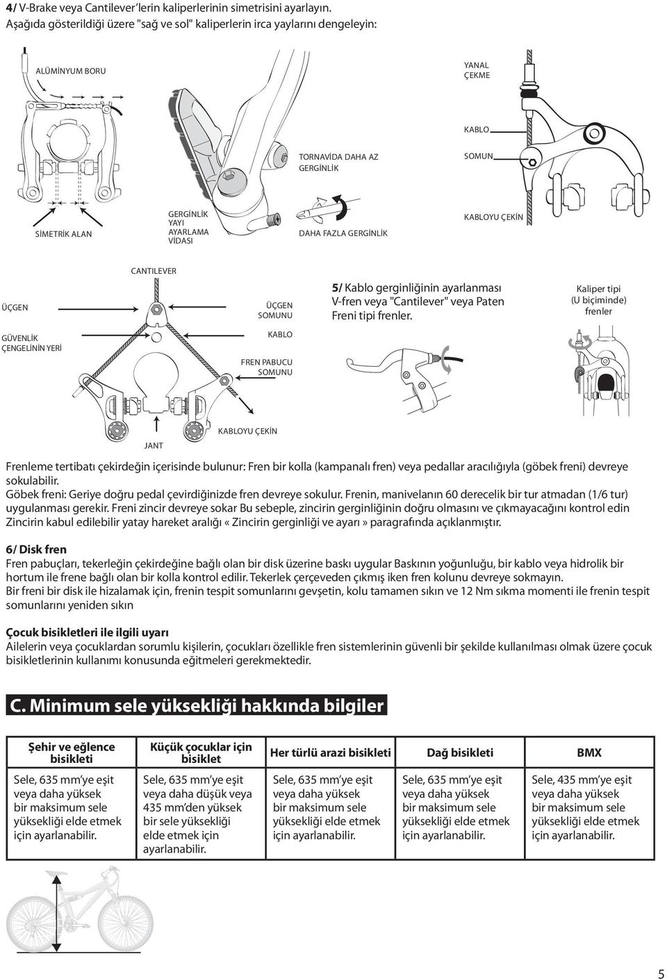 FAZLA GERGİNLİK KABLOYU ÇEKİN ÜÇGEN CANTILEVER ÜÇGEN SOMUNU 5/ Kablo gerginliğinin ayarlanması V-fren veya "Cantilever" veya Paten Freni tipi frenler.