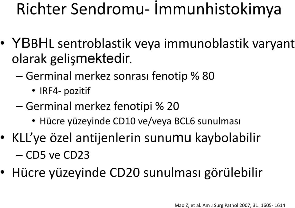 Germinal merkez sonrası fenotip % 80 IRF4- pozitif Germinal merkez fenotipi % 20 Hücre