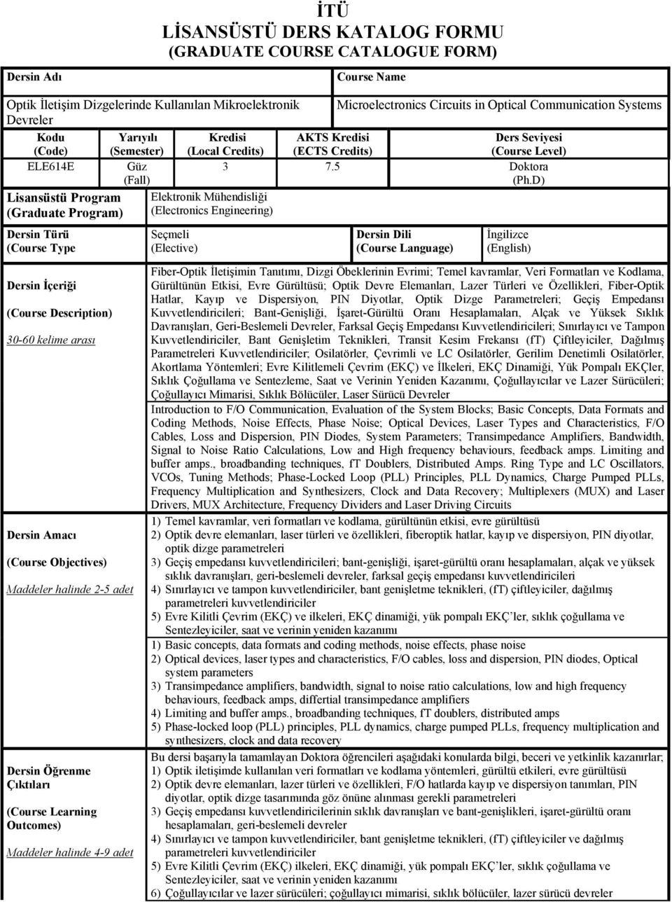 D) Lisansüstü Program (Graduate Program) Dersin Türü (Course Type Elektronik Mühendisliği (Electronics Engineering) Seçmeli (Elective) Dersin Dili (Course Language) İngilizce (English) Dersin İçeriği
