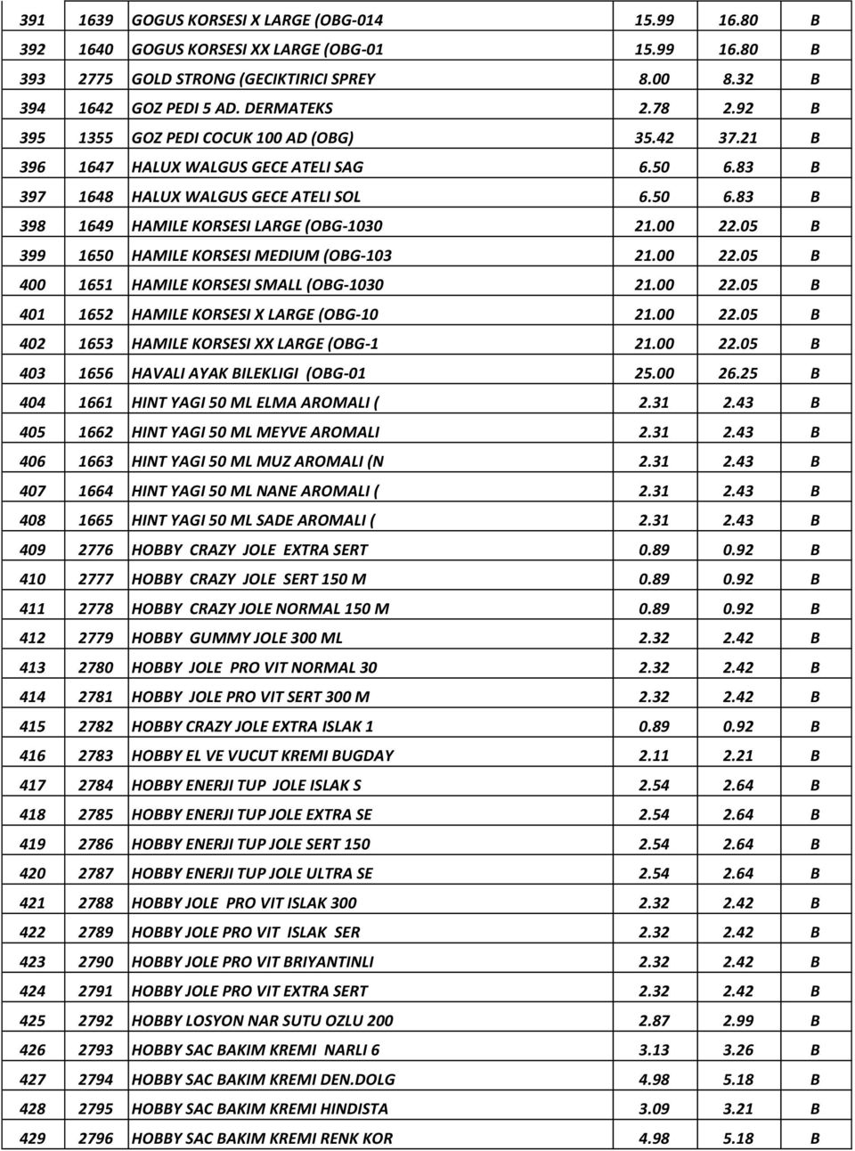 00 22.05 B 399 1650 HAMILE KORSESI MEDIUM (OBG-103 21.00 22.05 B 400 1651 HAMILE KORSESI SMALL (OBG-1030 21.00 22.05 B 401 1652 HAMILE KORSESI X LARGE (OBG-10 21.00 22.05 B 402 1653 HAMILE KORSESI XX LARGE (OBG-1 21.