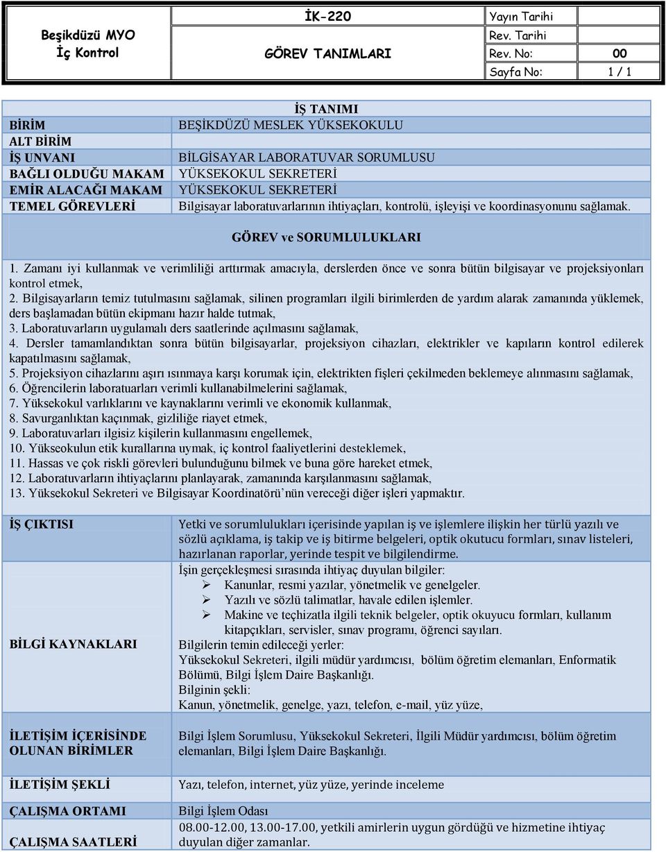 Bilgisayarların temiz tutulmasını sağlamak, silinen programları ilgili birimlerden de yardım alarak zamanında yüklemek, ders başlamadan bütün ekipmanı hazır halde tutmak, 3.