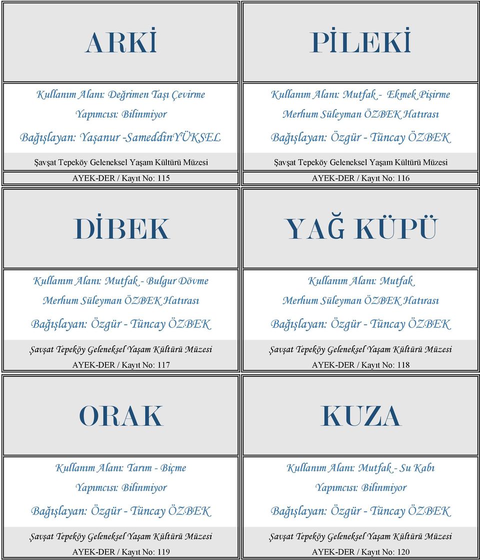 Özgür - Tüncay ÖZBEK Merhum Süleyman ÖZBEK Hatırası Bağışlayan: Özgür - Tüncay ÖZBEK AYEK-DER / Kayıt No: 117 AYEK-DER / Kayıt No: 118 ORAK KUZA