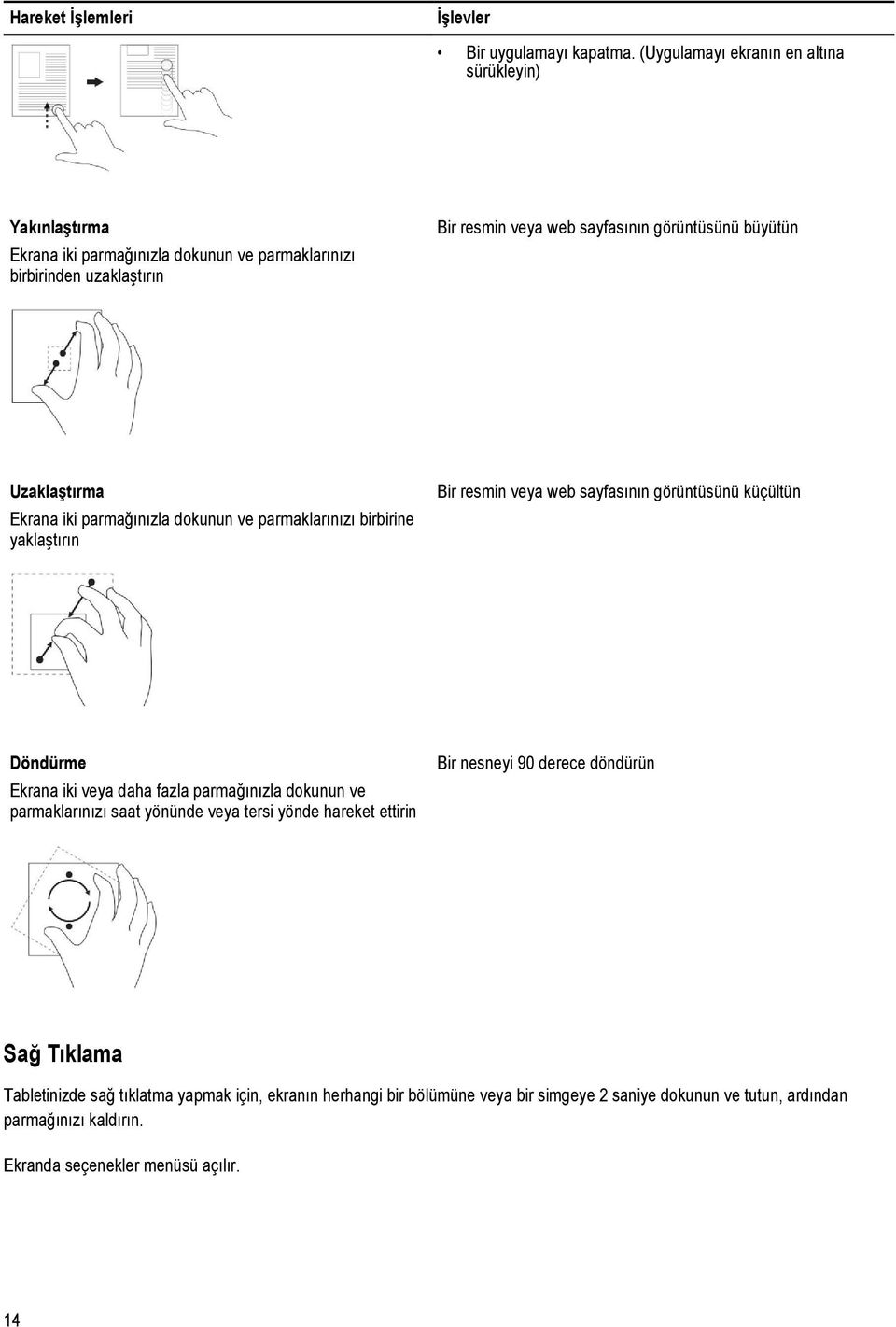 büyütün Uzaklaştırma Ekrana iki parmağınızla dokunun ve parmaklarınızı birbirine yaklaştırın Bir resmin veya web sayfasının görüntüsünü küçültün Döndürme Ekrana iki veya daha