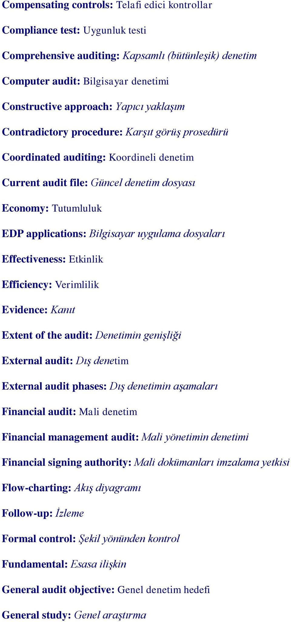 dosyaları Effectiveness: Etkinlik Efficiency: Verimlilik Evidence: Kanıt Extent of the audit: Denetimin genişliği External audit: Dış denetim External audit phases: Dış denetimin aşamaları Financial
