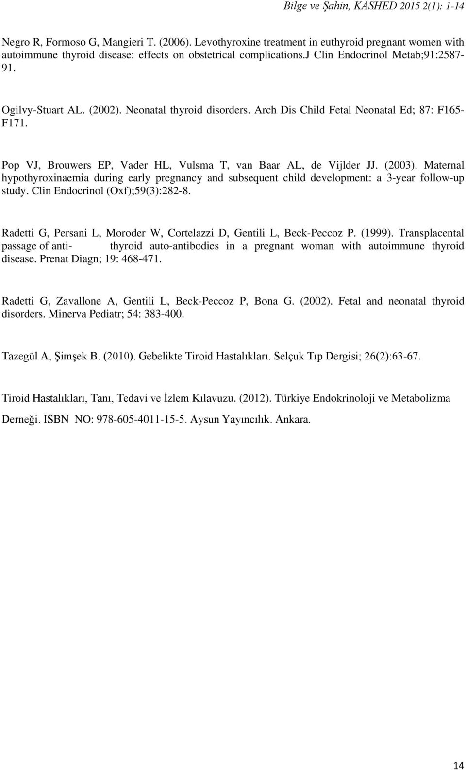 Neonatal thyroid disorders. Arch Dis Child Fetal Neonatal Ed; 87: F165- F171. Pop VJ, Brouwers EP, Vader HL, Vulsma T, van Baar AL, de Vijlder JJ. (2003).