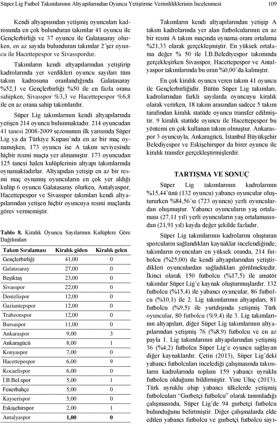 Takımların kendi altyapılarından yetiştirip kadrolarında yer verdikleri oyuncu sayıları tüm takım kadrosuna oranlandığında Galatasaray %52,1 ve Gençlerbirliği %50 ile en fazla orana sahipken,