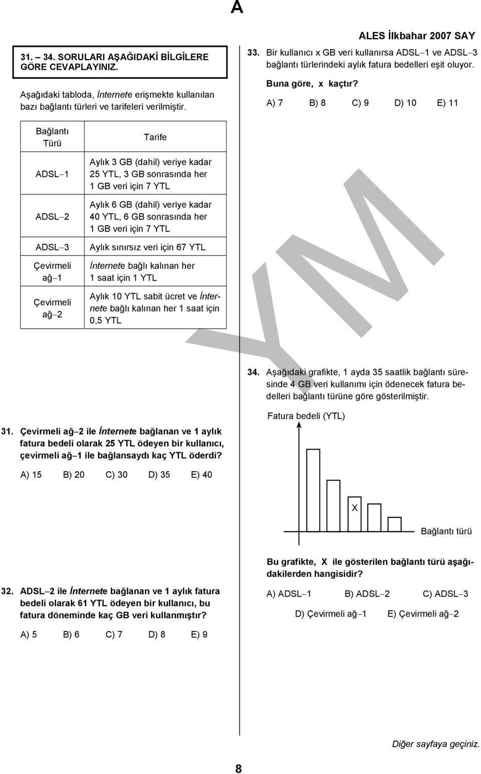 A) 7 B) 8 C) 9 D) 10 E) 11 Bağlantı Türü ADSL 1 ADSL ADSL 3 Çevirmeli ağ 1 Çevirmeli ağ Tarife Aylık 3 GB (dahil) veriye kadar 5 YTL, 3 GB sonrasında her 1 GB veri için 7 YTL Aylık 6 GB (dahil)