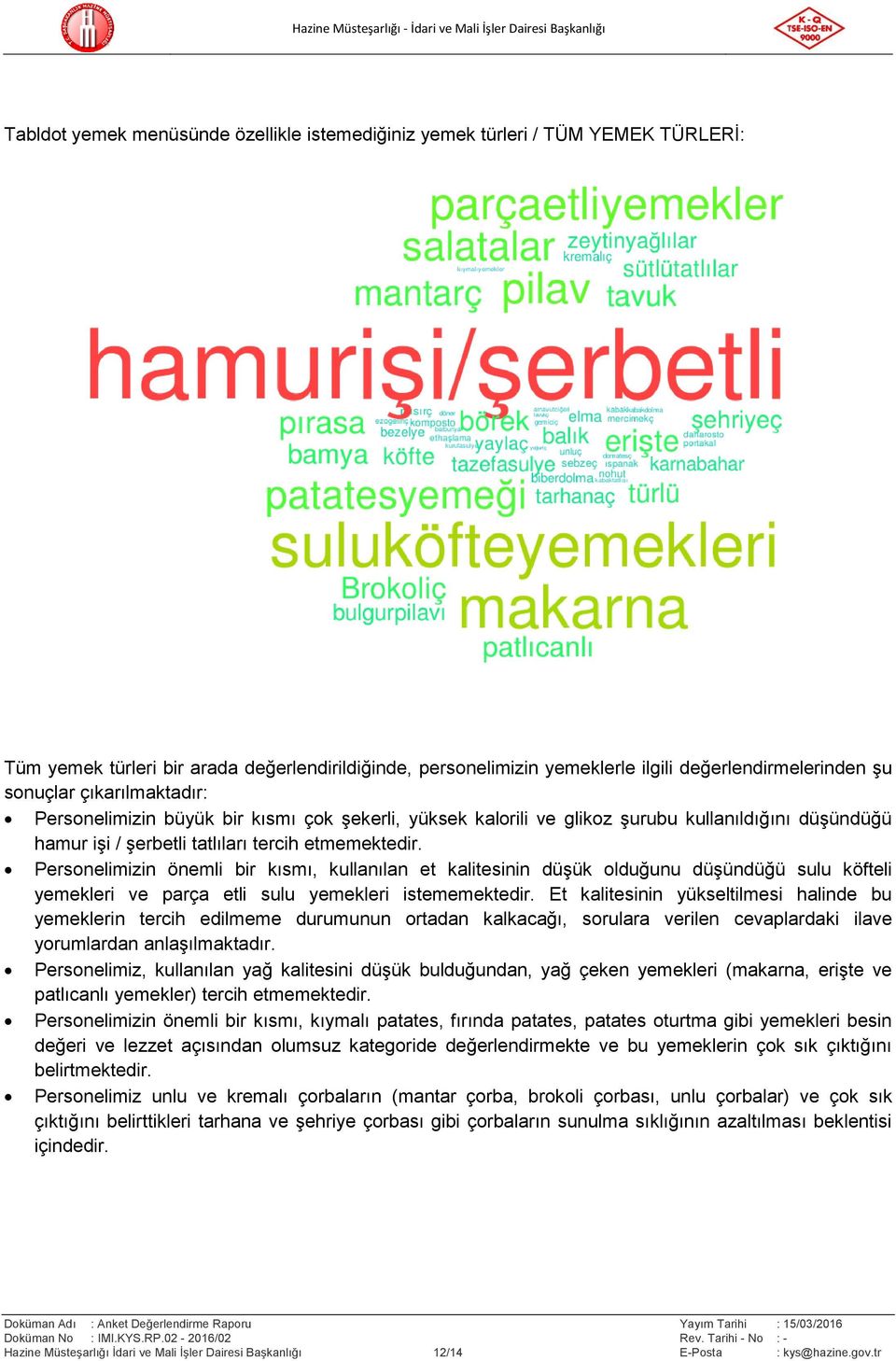 Personelimizin önemli bir kısmı, kullanılan et kalitesinin düşük olduğunu düşündüğü sulu köfteli yemekleri ve parça etli sulu yemekleri istememektedir.