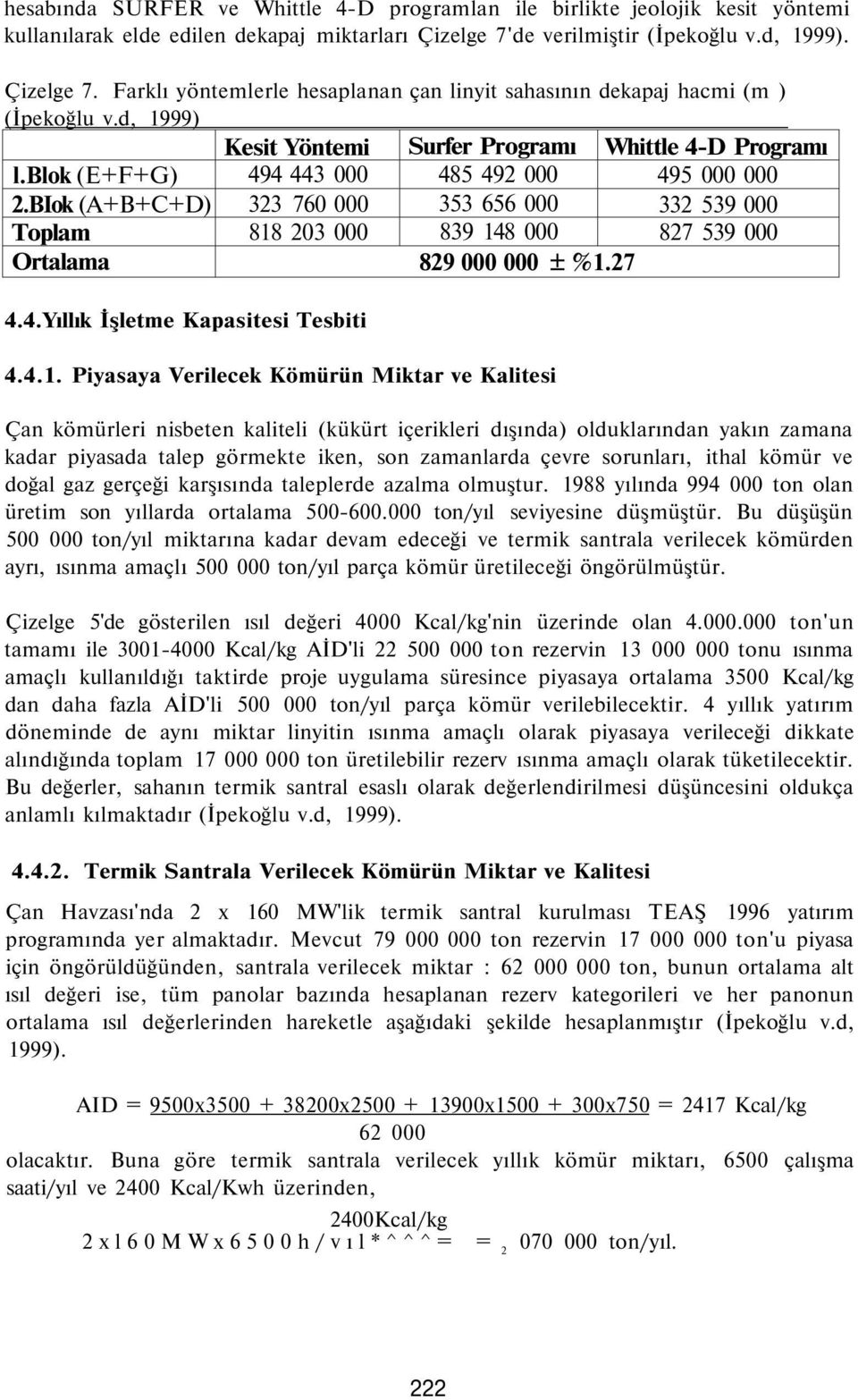 BIok (A+B+C+D) Toplam Kesit Yöntemi 494 443 000 323 760 000 818 203 000 Surfer Programı 485 492 000 353 656 000 839 148 000 Whittle 4-D Programı 495 000 000 332 539 000 827 539 000 Ortalama 829 000