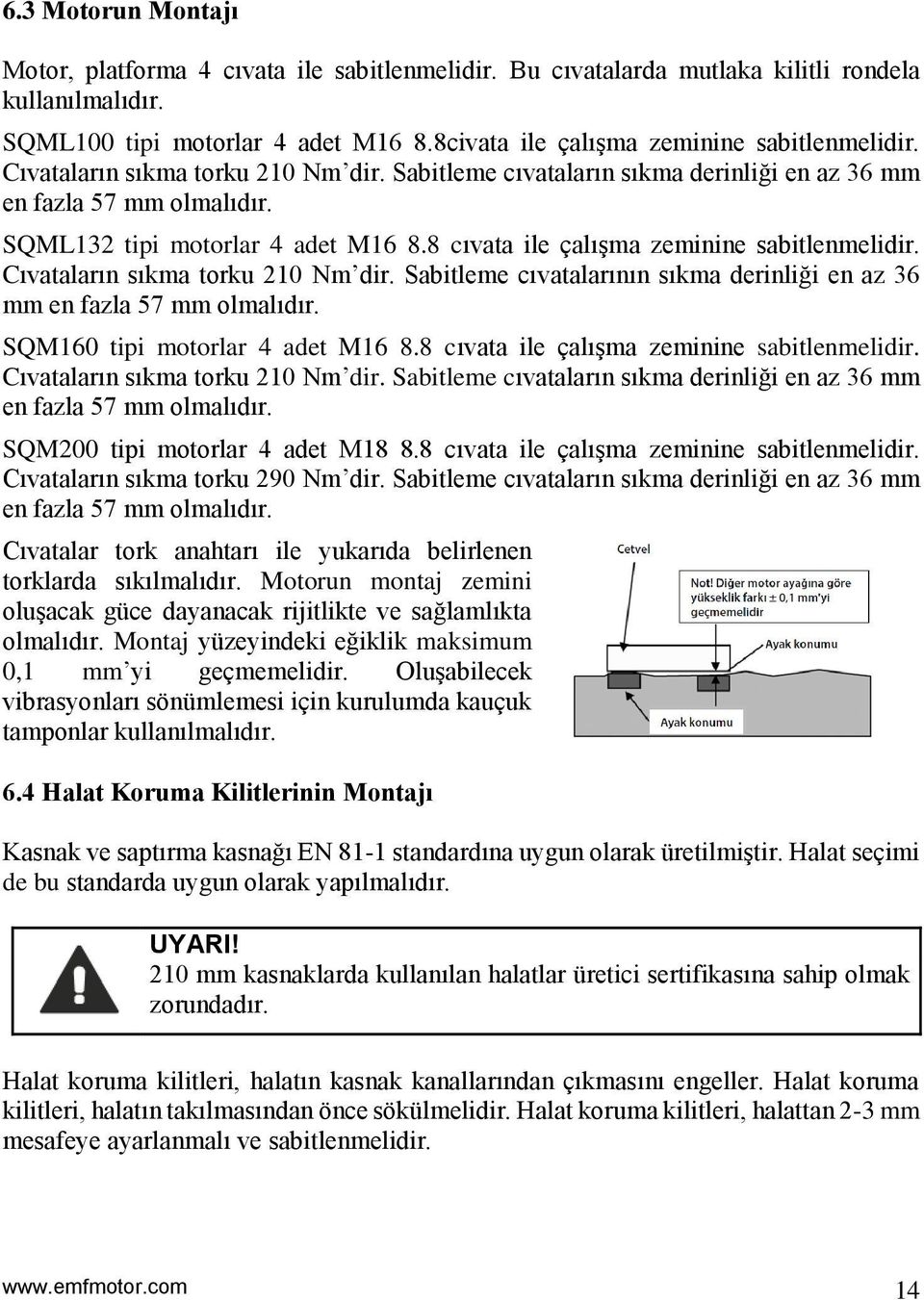 8 cıvata ile çalışma zeminine sabitlenmelidir. Cıvataların sıkma torku 210 Nm dir. Sabitleme cıvatalarının sıkma derinliği en az 36 mm en fazla 57 mm olmalıdır. SQM160 tipi motorlar 4 adet M16 8.