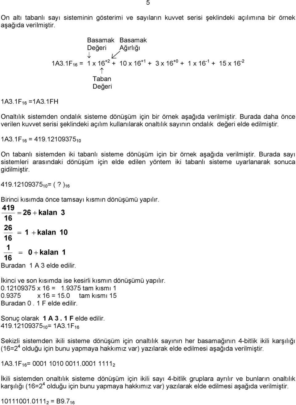 Burada daha önce verilen kuvvet serisi şeklindeki açılım kullanılarak onaltılık sayının ondalık değeri elde edilmiştir. 1A3.1F 16 = 419.