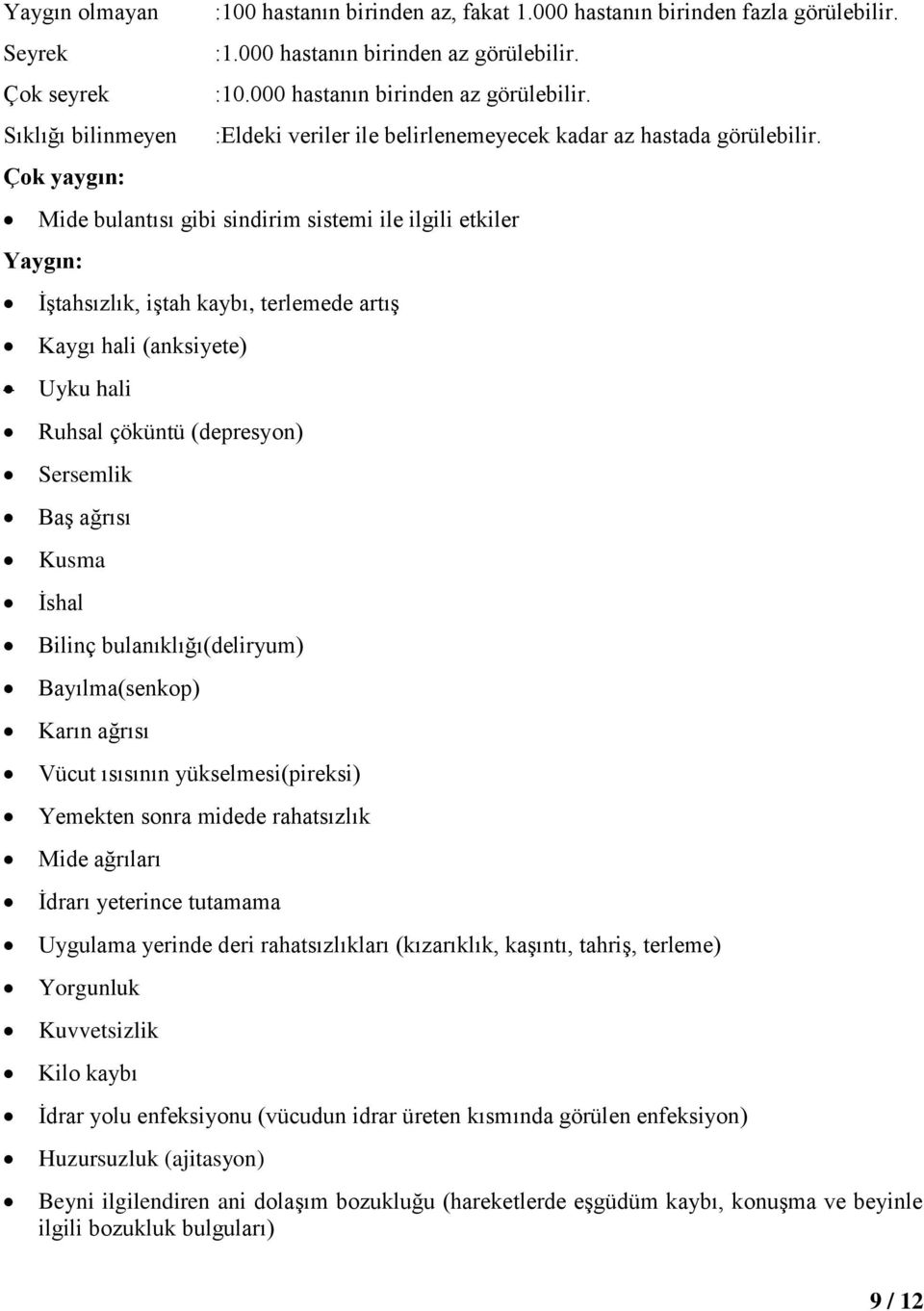 Mide bulantısı gibi sindirim sistemi ile ilgili etkiler Yaygın: İştahsızlık, iştah kaybı, terlemede artış Kaygı hali (anksiyete) Uyku hali Ruhsal çöküntü (depresyon) Sersemlik Baş ağrısı Kusma İshal