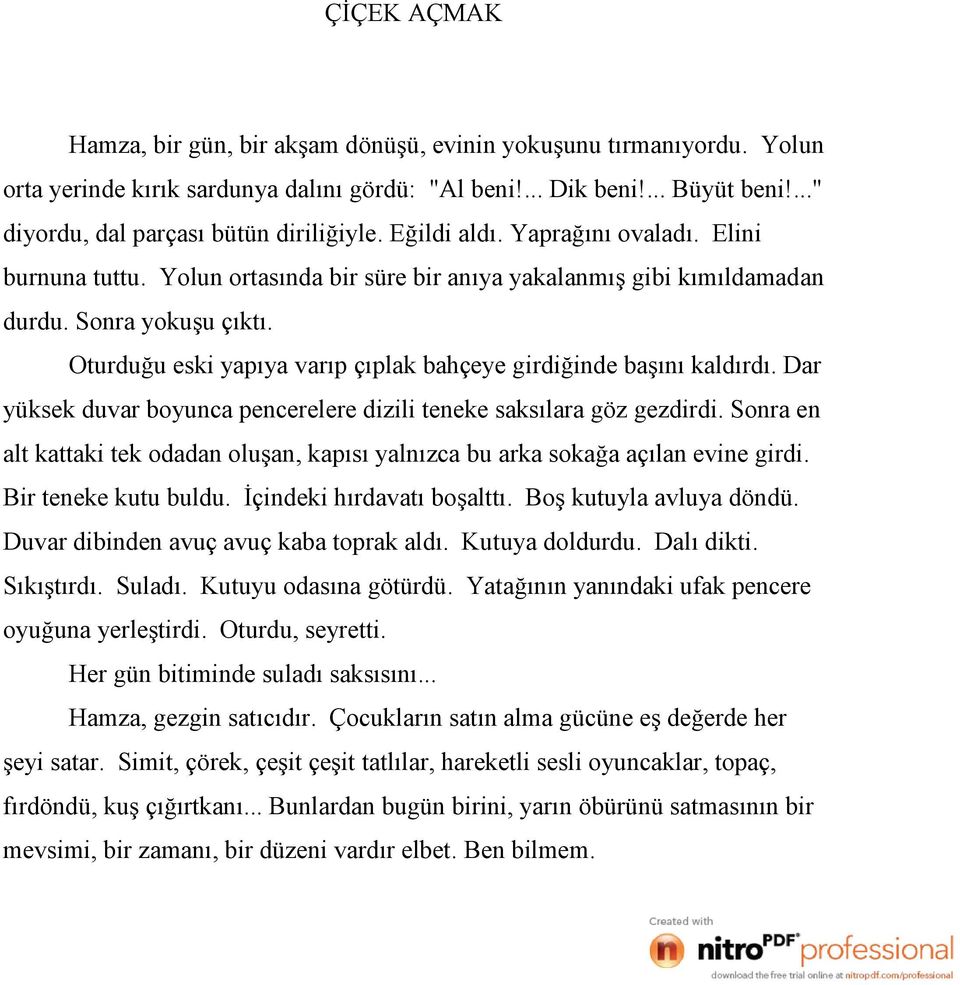 Oturduğu eski yapıya varıp çıplak bahçeye girdiğinde başını kaldırdı. Dar yüksek duvar boyunca pencerelere dizili teneke saksılara göz gezdirdi.