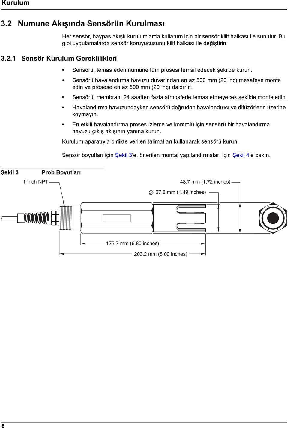 Sensörü havalandırma havuzu duvarından en az 500 mm (20 inç) mesafeye monte edin ve prosese en az 500 mm (20 inç) daldırın.