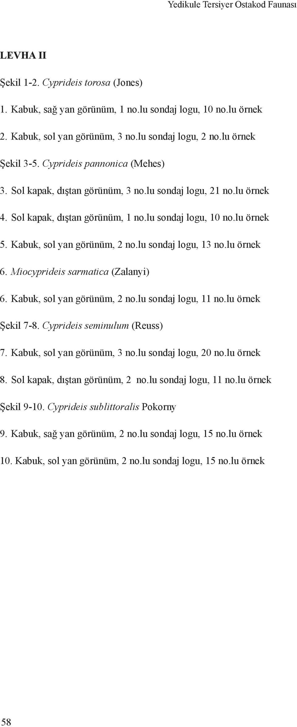 Kabuk, sol yan görünüm, 2 no.lu sondaj logu, 13 no.lu örnek 6. Miocyprideis sarmatica (Zalanyi) 6. Kabuk, sol yan görünüm, 2 no.lu sondaj logu, 11 no.lu örnek Şekil 7-8. Cyprideis seminulum (Reuss) 7.