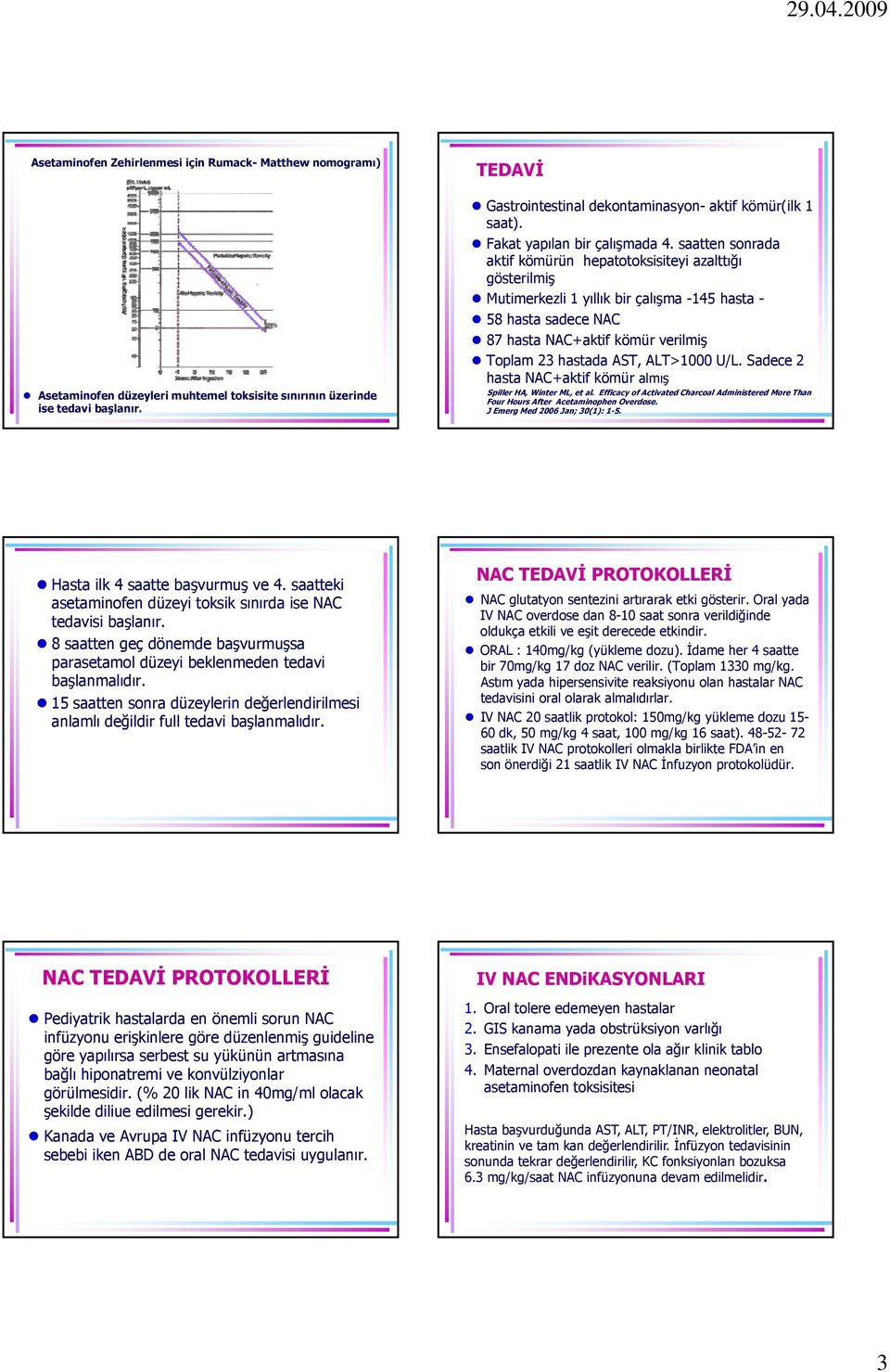 saatten sonrada aktif kömürün hepatotoksisiteyi azalttığı gösterilmiş Mutimerkezli 1 yıllık bir çalışma -145 hasta - 58 hasta sadece NAC 87 hasta NAC+aktif kömür verilmiş Toplam 23 hastada AST,