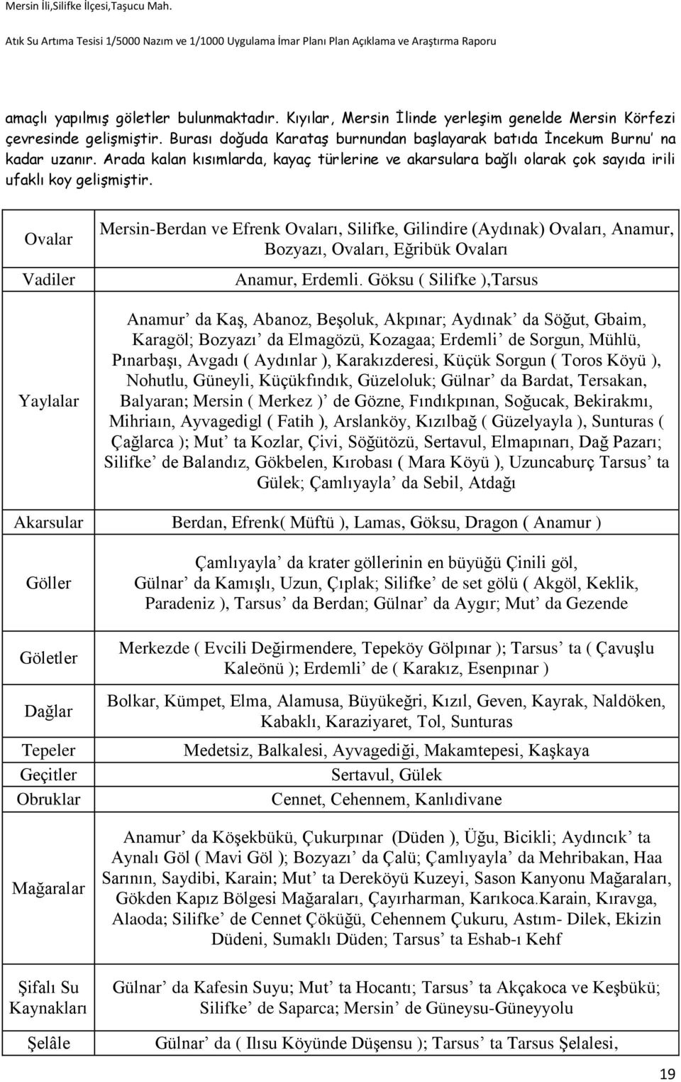 Ovalar Vadiler Yaylalar Mersin-Berdan ve Efrenk Ovaları, Silifke, Gilindire (Aydınak) Ovaları, Anamur, Bozyazı, Ovaları, Eğribük Ovaları Anamur, Erdemli.