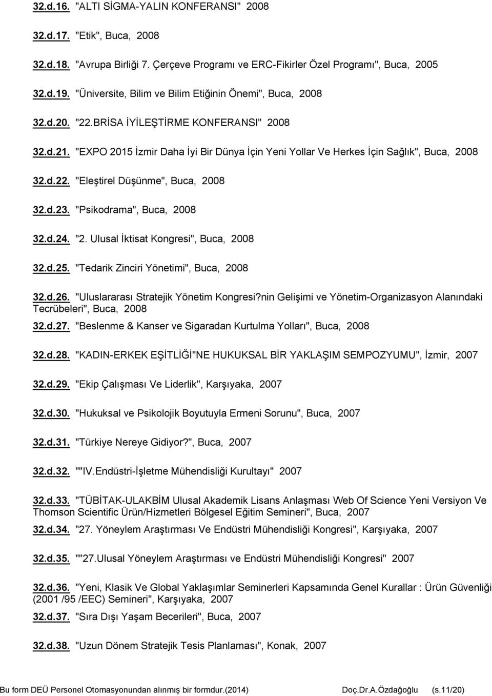 "EXPO 2015 İzmir Daha İyi Bir Dünya İçin Yeni Yollar Ve Herkes İçin Sağlık", Buca, 2008 32.d.22. "Eleştirel Düşünme", Buca, 2008 32.d.23. "Psikodrama", Buca, 2008 32.d.24. "2.