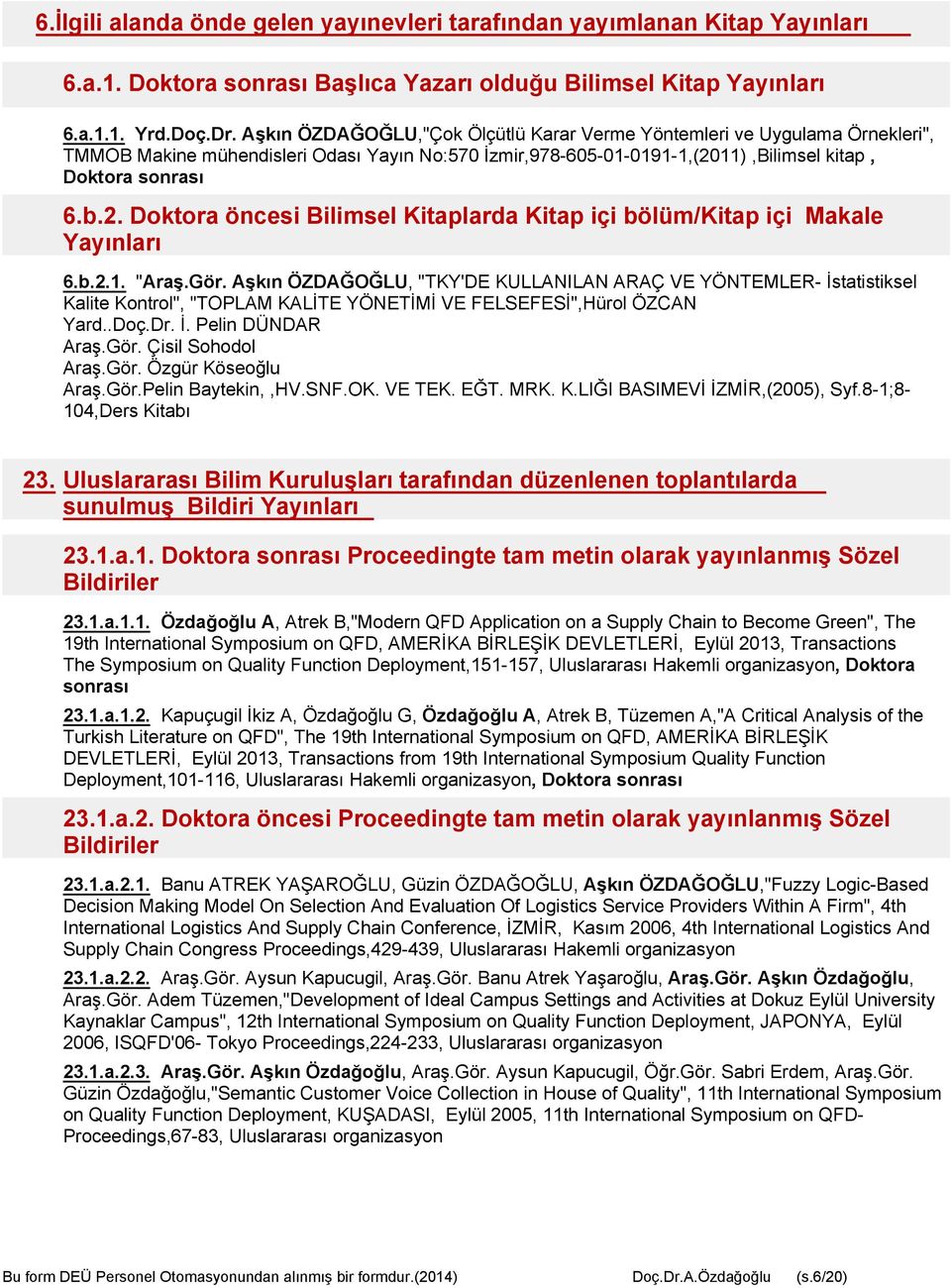 11),Bilimsel kitap, Doktora sonrası 6.b.2. Doktora öncesi Bilimsel Kitaplarda Kitap içi bölüm/kitap içi Makale Yayınları 6.b.2.1. "Araş.Gör.