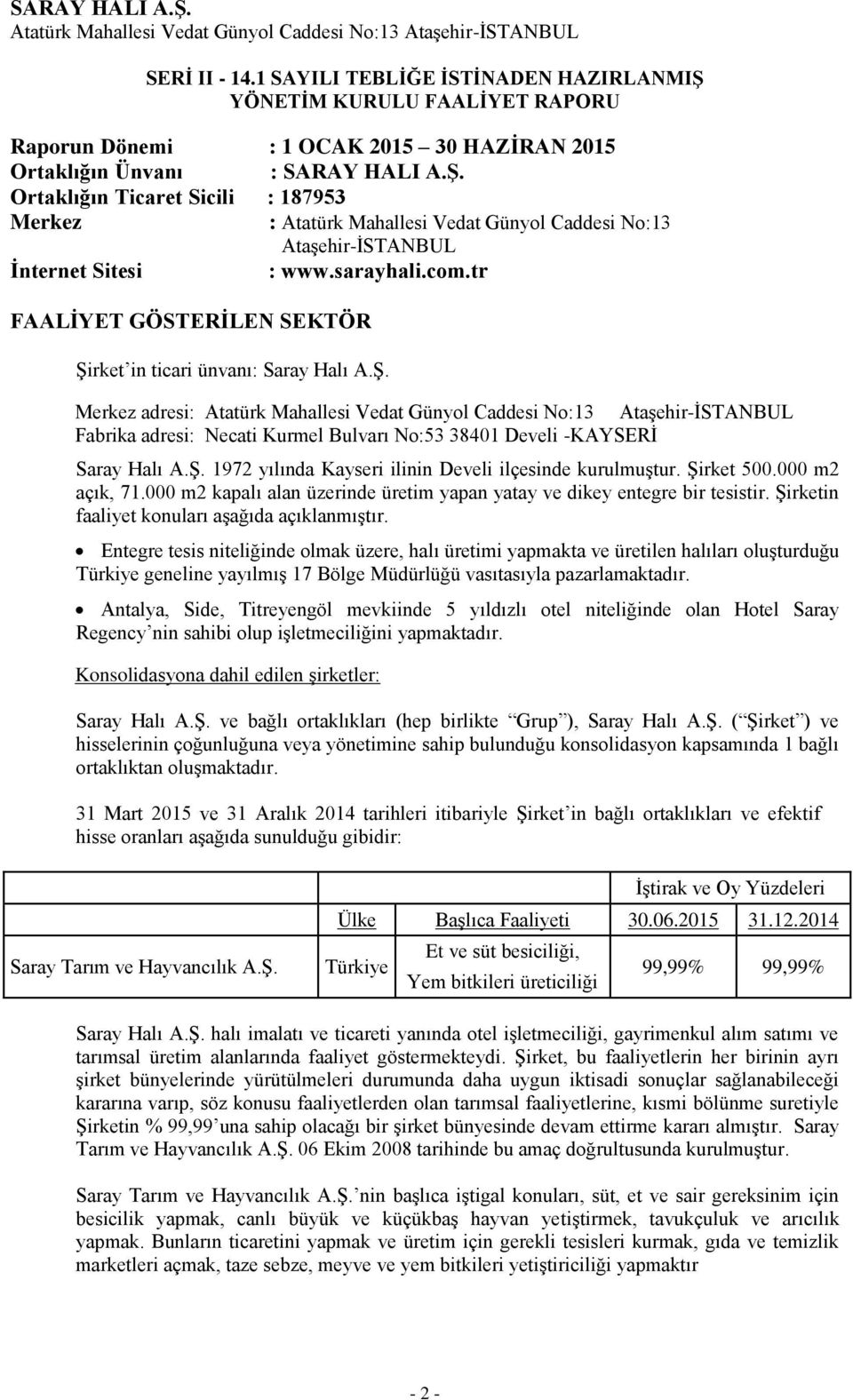 tr FAALİYET GÖSTERİLEN SEKTÖR Şirket in ticari ünvanı: Saray Halı A.Ş. Merkez adresi: Fabrika adresi: Necati Kurmel Bulvarı No:53 38401 Develi -KAYSERİ Saray Halı A.Ş. 1972 yılında Kayseri ilinin Develi ilçesinde kurulmuştur.