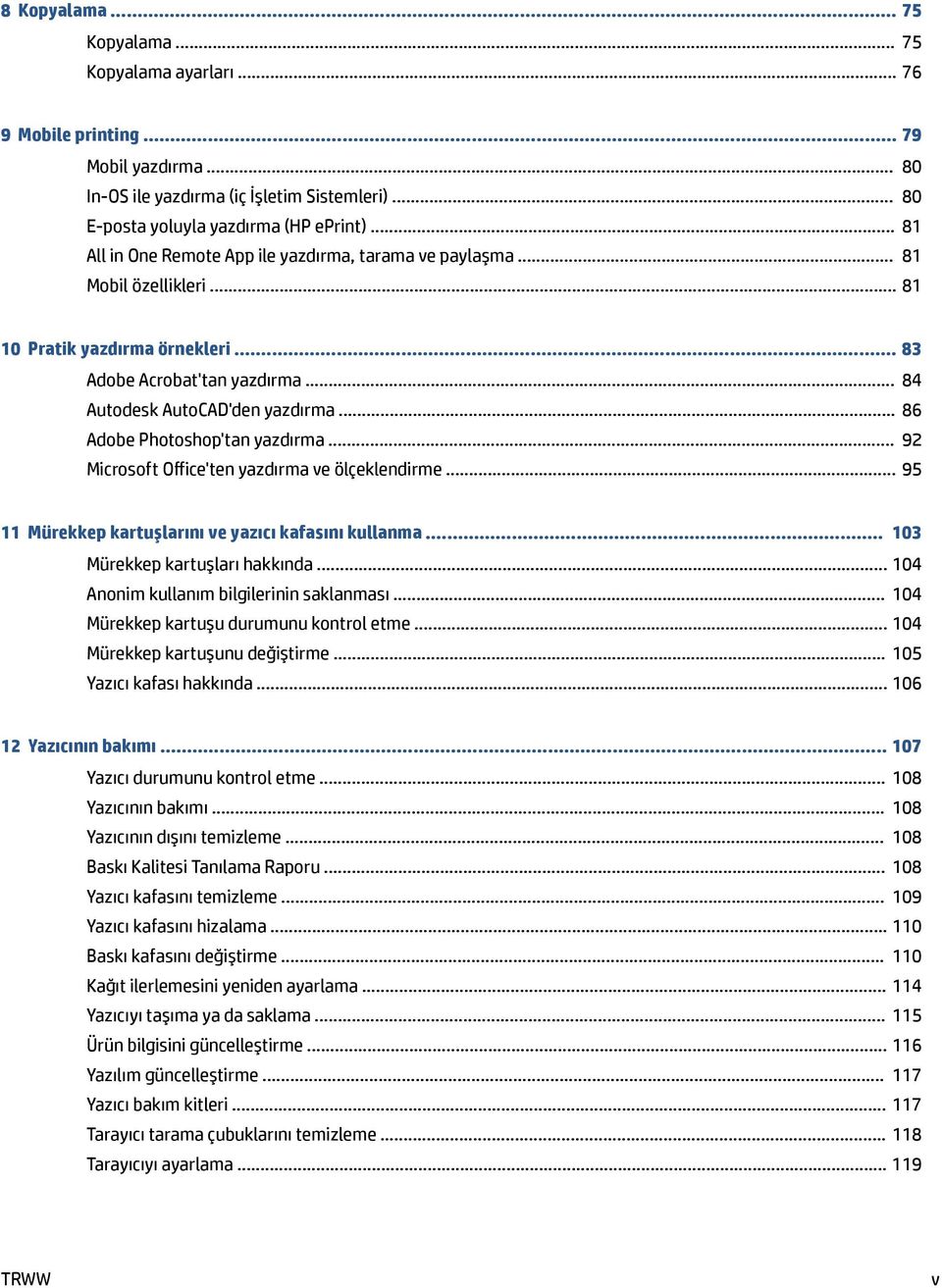 .. 86 Adobe Photoshop'tan yazdırma... 92 Microsoft Office'ten yazdırma ve ölçeklendirme... 95 11 Mürekkep kartuşlarını ve yazıcı kafasını kullanma... 103 Mürekkep kartuşları hakkında.