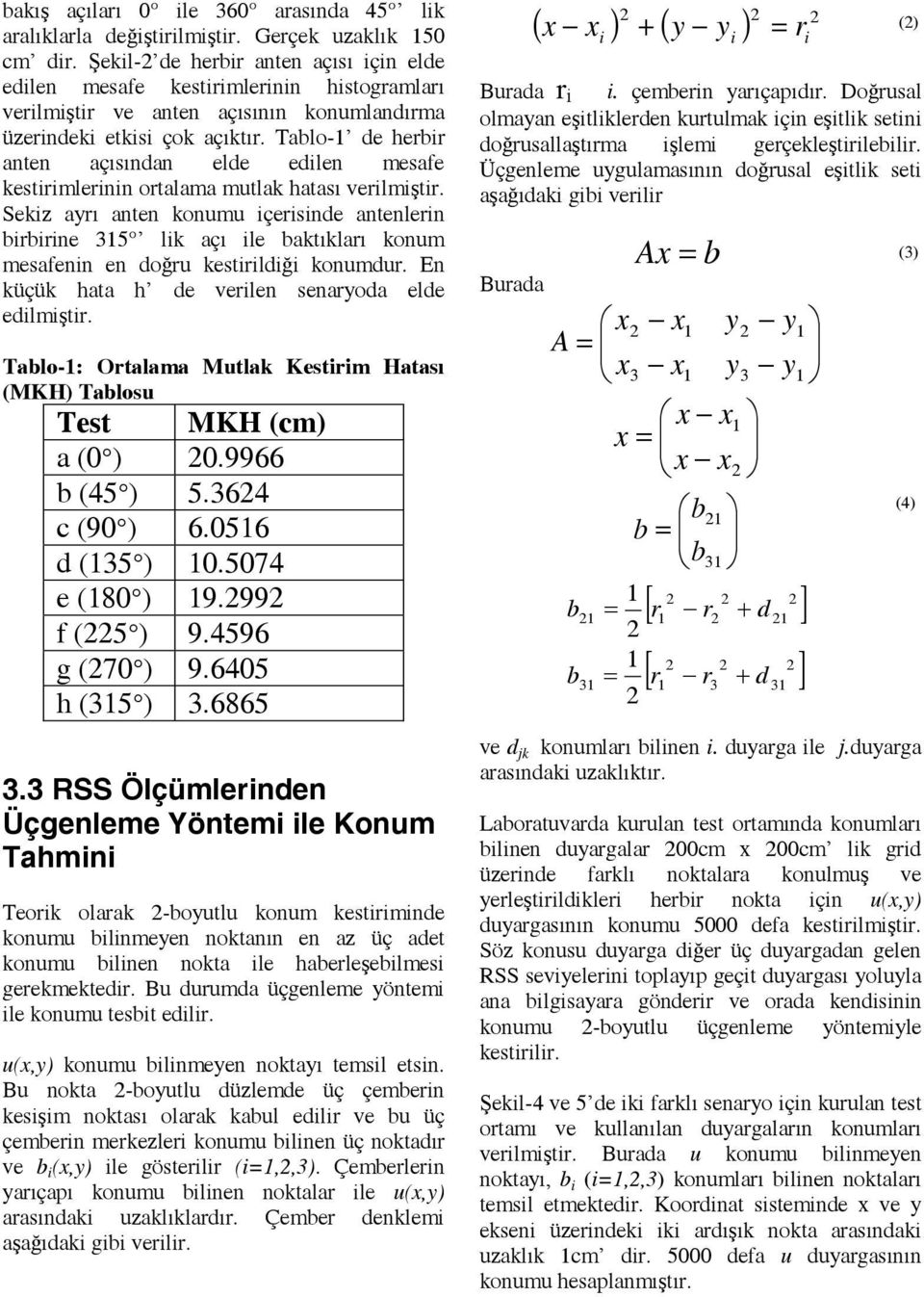 Tablo-1 de herbir anten açısından elde edilen mesafe kestirimlerinin ortalama mutlak hatası verilmiştir.