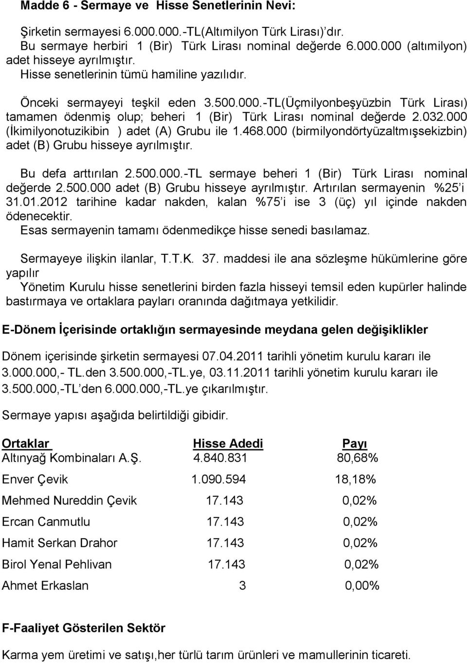 000 (Ġkimilyonotuzikibin ) adet (A) Grubu ile 1.468.000 (birmilyondörtyüzaltmıģsekizbin) adet (B) Grubu hisseye ayrılmıģtır. Bu defa arttırılan 2.500.000.-TL sermaye beheri 1 (Bir) Türk Lirası nominal değerde 2.