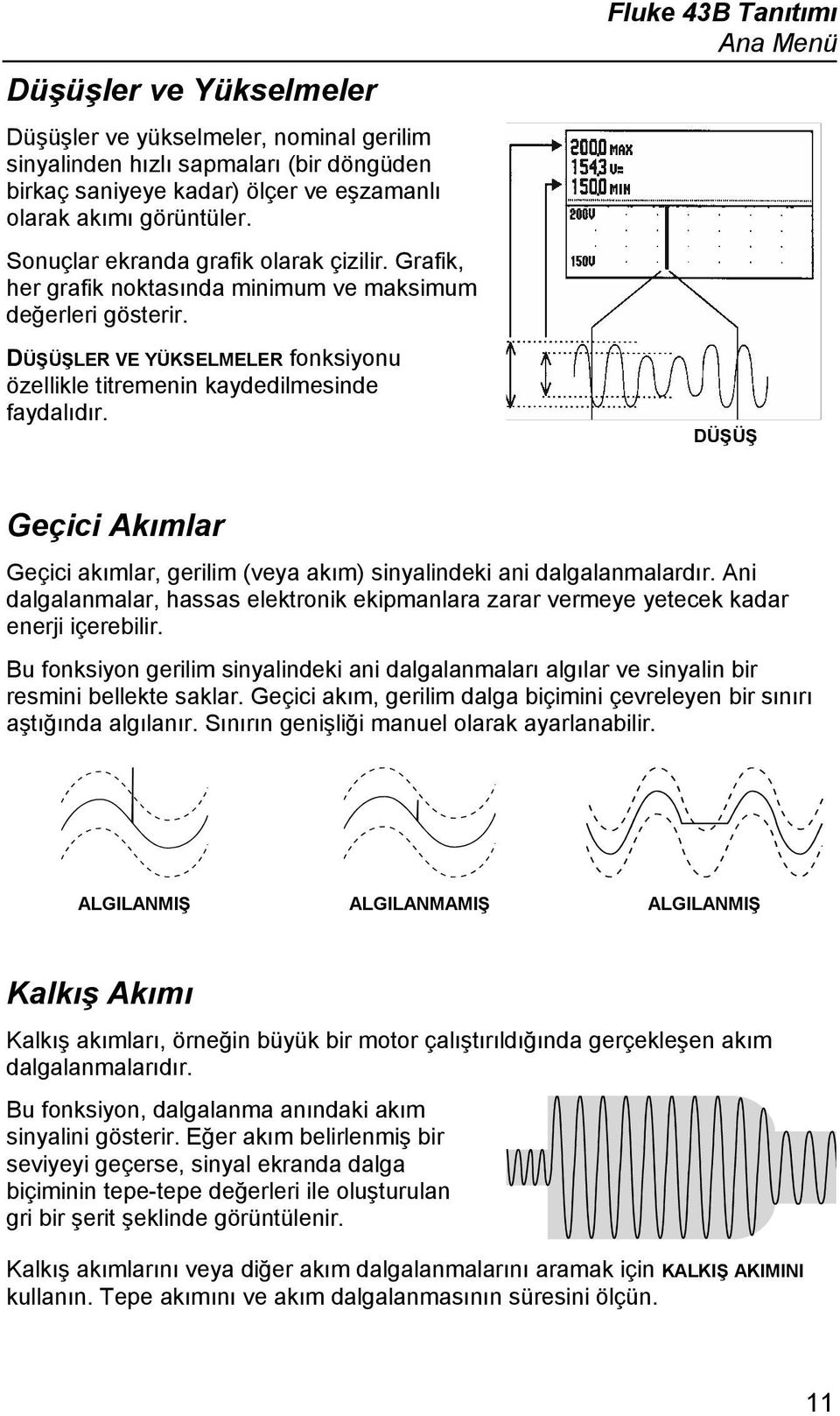 Fluke 43B Tanıtımı Ana Menü DÜŞÜŞ Geçici Akımlar Geçici akımlar, gerilim (veya akım) sinyalindeki ani dalgalanmalardır.