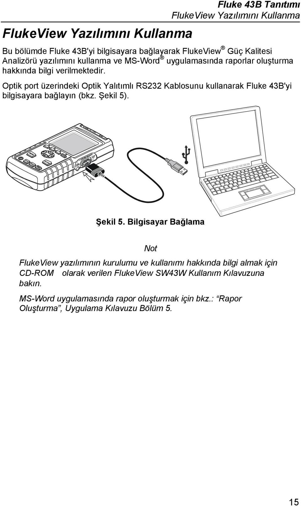 Optik port üzerindeki Optik Yalıtımlı RS232 Kablosunu kullanarak Fluke 43B'yi bilgisayara bağlayın (bkz. Şekil 5)