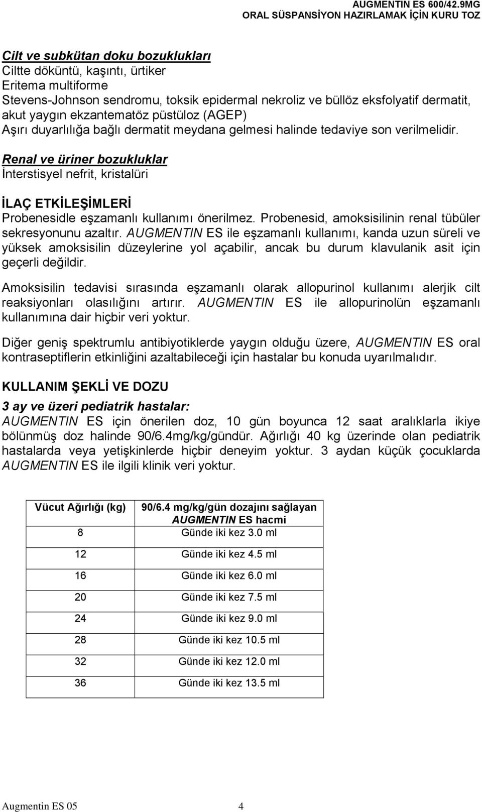 Renal ve üriner bozukluklar İnterstisyel nefrit, kristalüri İLAÇ ETKİLEŞİMLERİ Probenesidle eşzamanlı kullanımı önerilmez. Probenesid, amoksisilinin renal tübüler sekresyonunu azaltır.